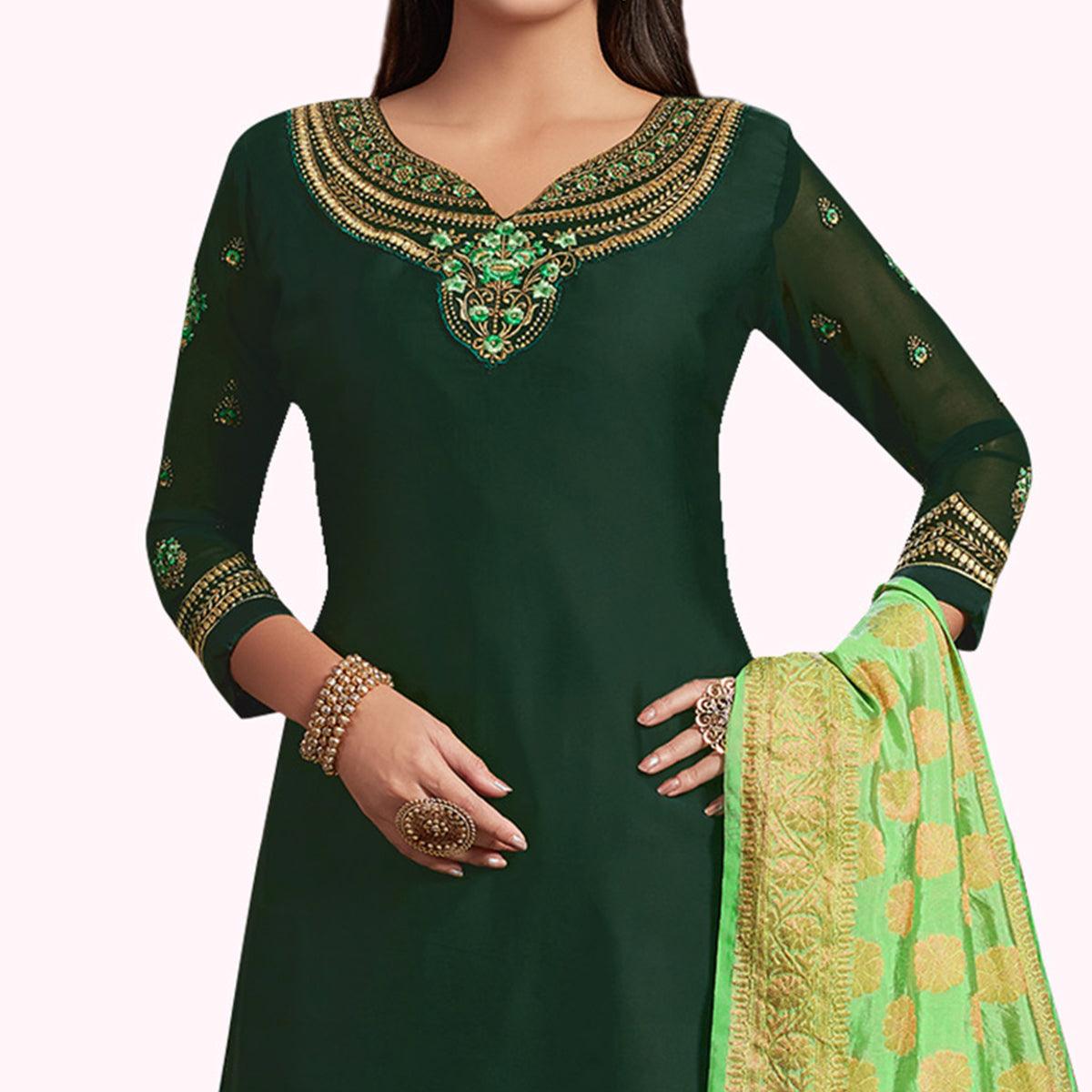 Flirty Green Colored Partywear Embroidered Georgette Palazzo Suit - Peachmode