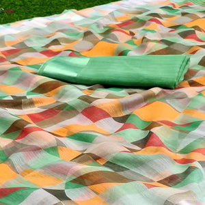 Flirty Green - Multi Colored Festive Wear Woven Moss Georgette Saree - Peachmode