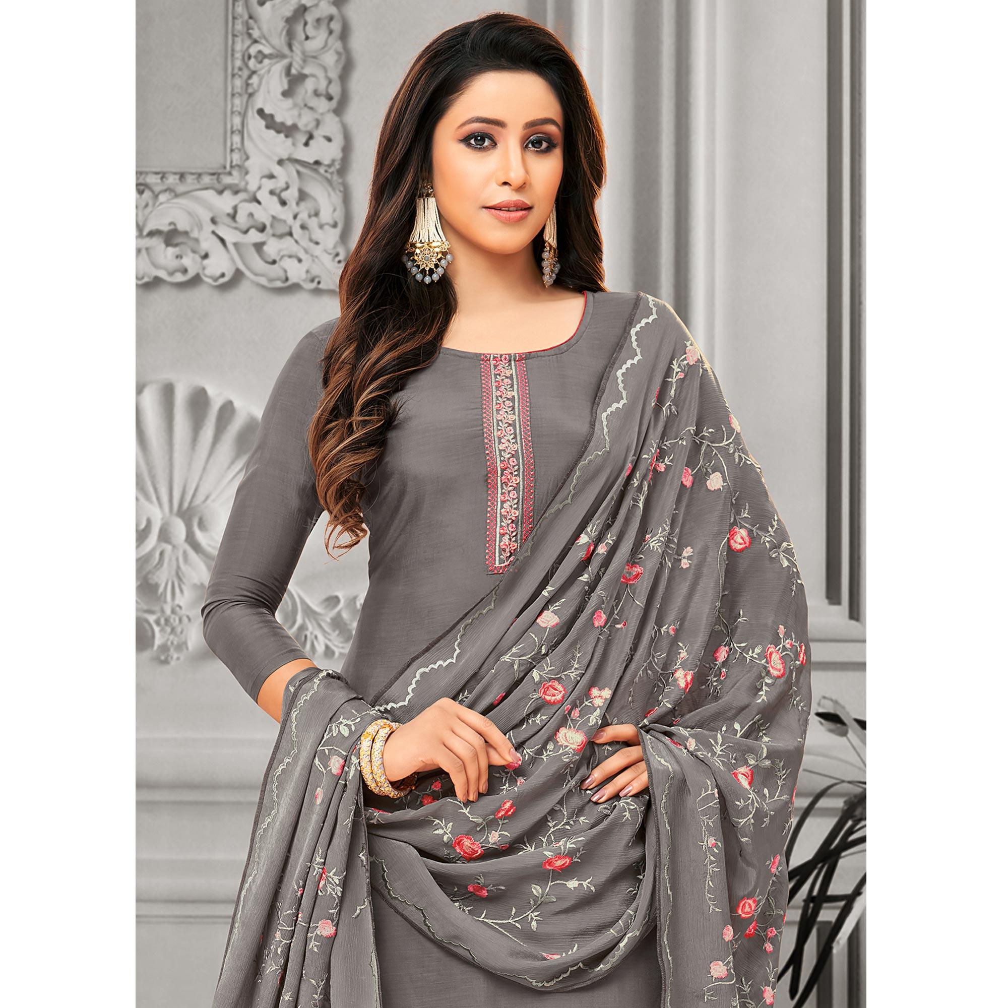 Flirty Grey Colored Party Wear Embroidered Cotton Silk Palazzo Suit - Peachmode
