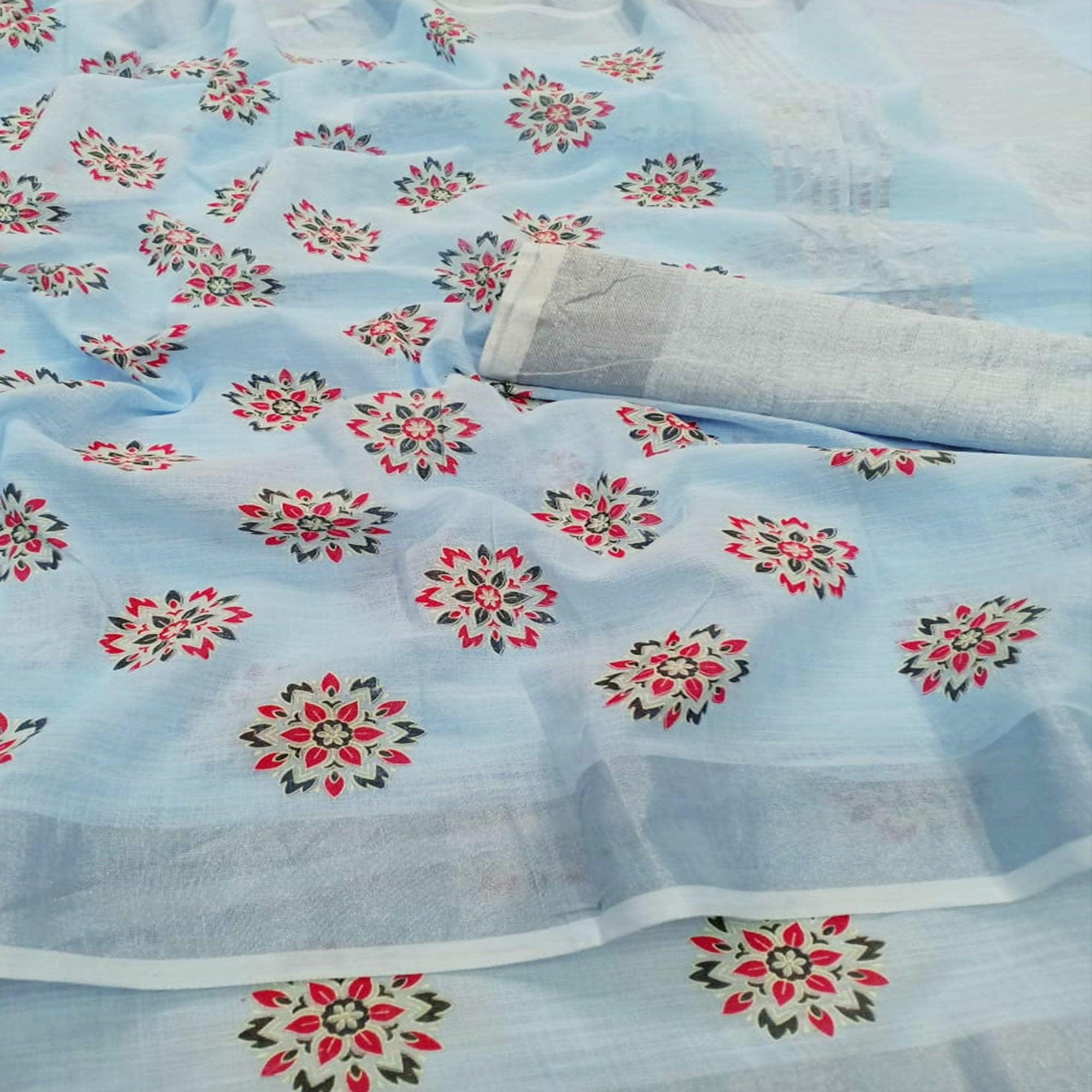 Flirty Light Blue Colored Partywear Block Printed Pure Linen Saree - Peachmode