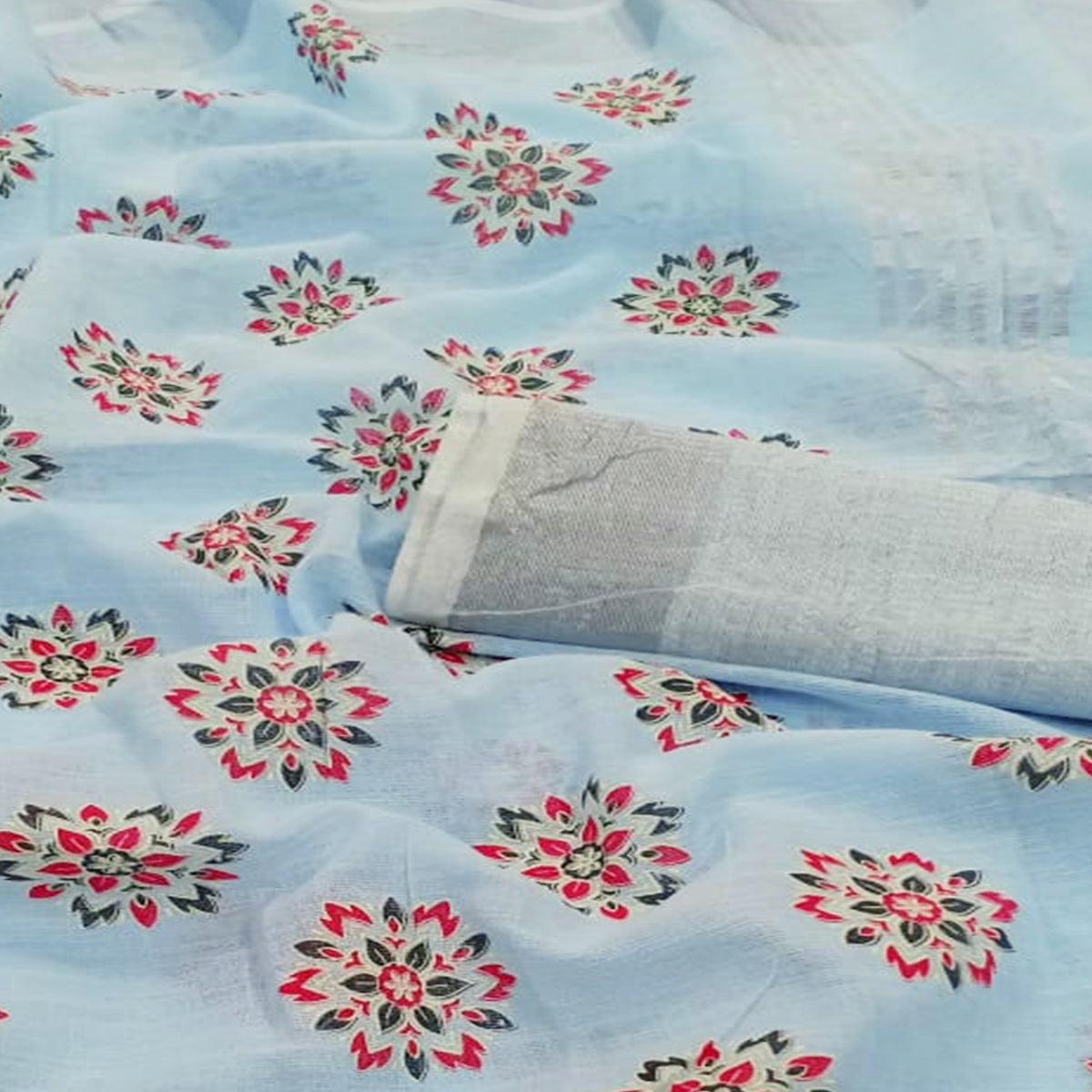 Flirty Light Blue Colored Partywear Block Printed Pure Linen Saree - Peachmode