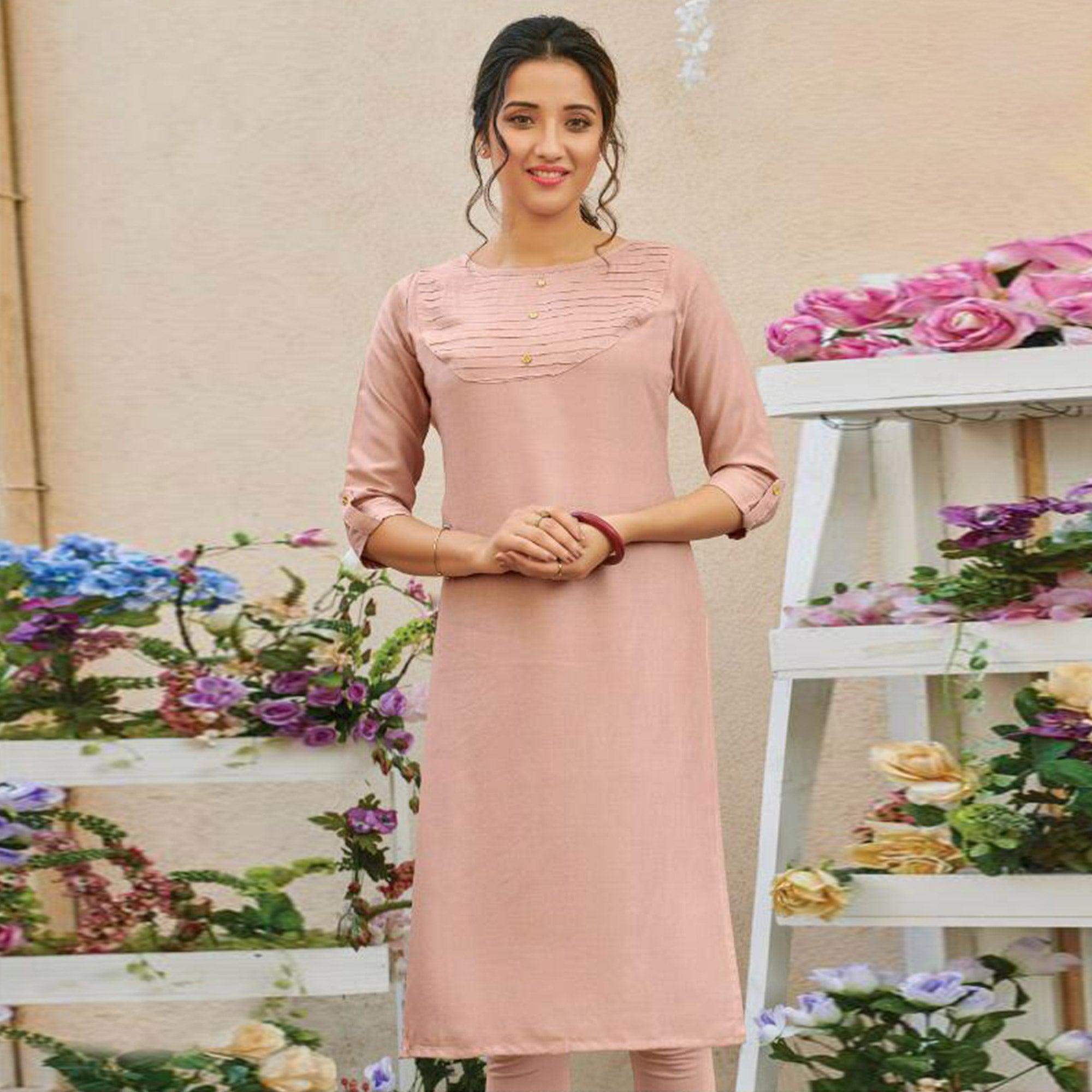 Flirty Light Pink Colored Casual Wear Solid Pure Rayon Kurti - Peachmode