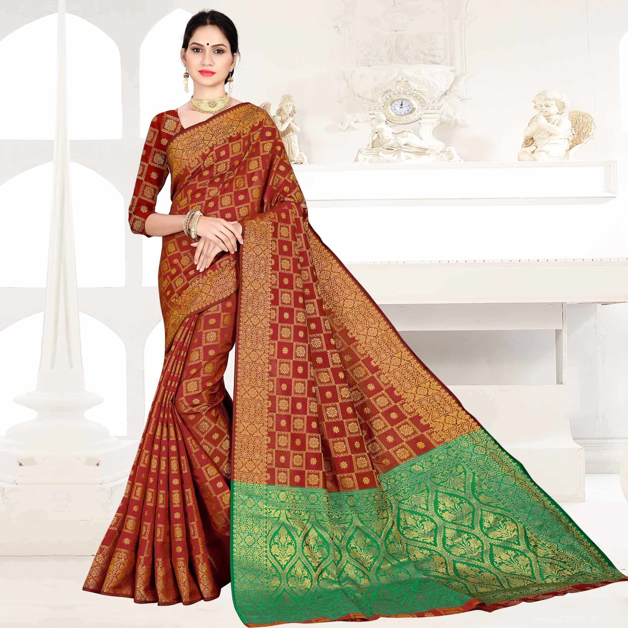 Flirty Maroon Colored Festive Wear Woven Silk Saree - Peachmode