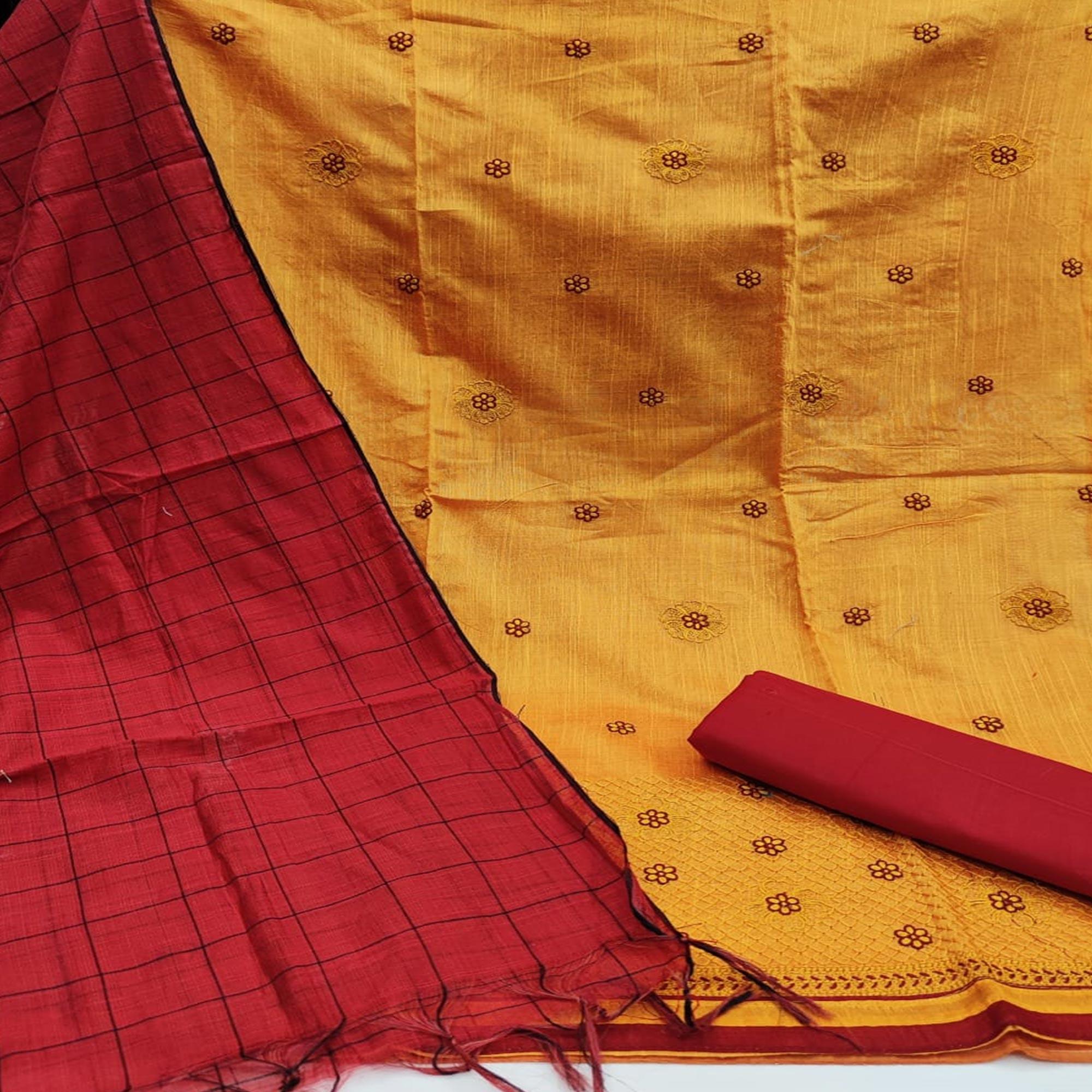 Flirty Mustard Colored Casual Wear Embroidered Banarasi Cotton Dress Material - Peachmode