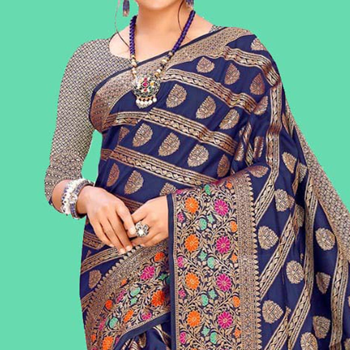 Flirty Navy Blue Colored Festive Wear Woven Banarasi Silk Saree - Peachmode