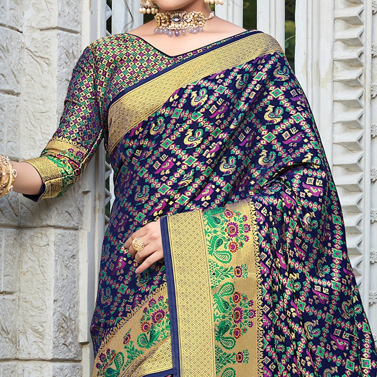Flirty Navy Blue Colored Festive Wear Woven Patola Silk Saree - Peachmode
