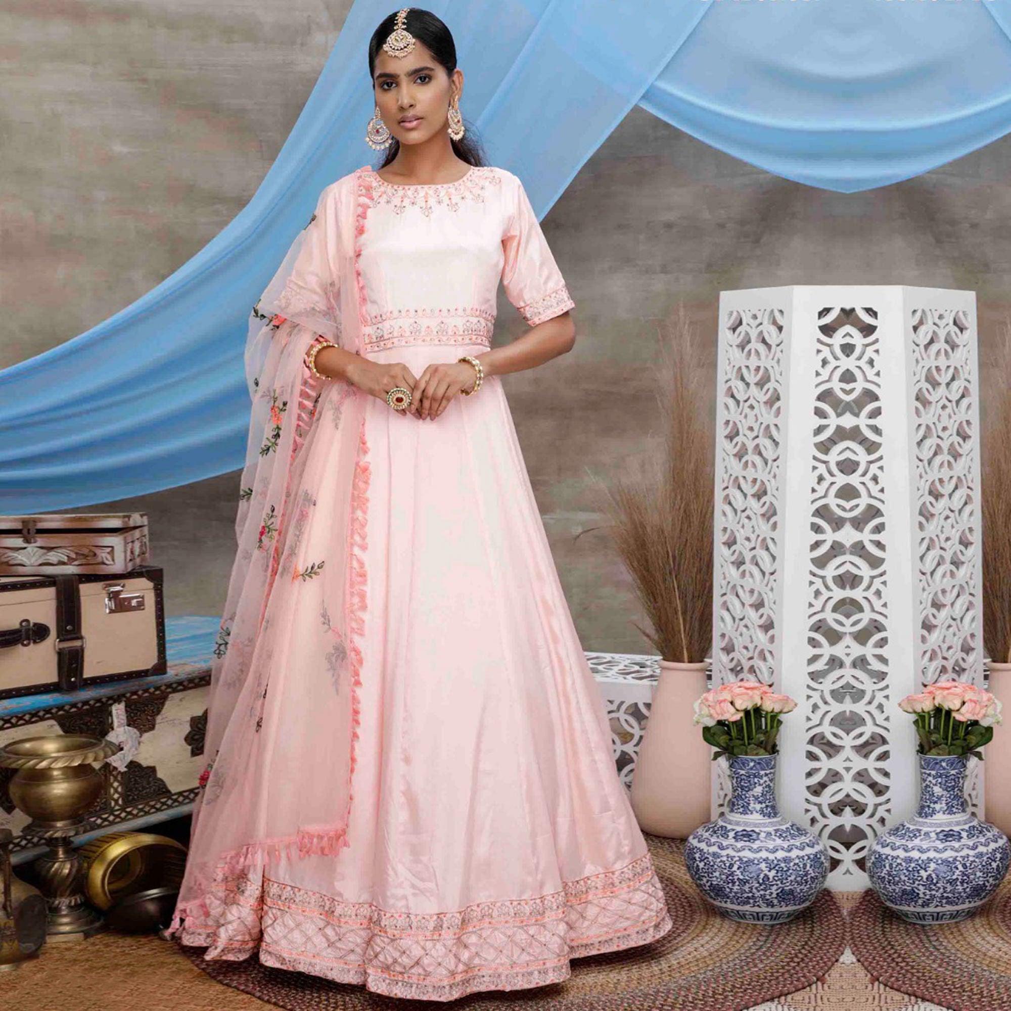 Flirty Peach Colored Partywear Embroidered Georgette Anarkali Suit - Peachmode