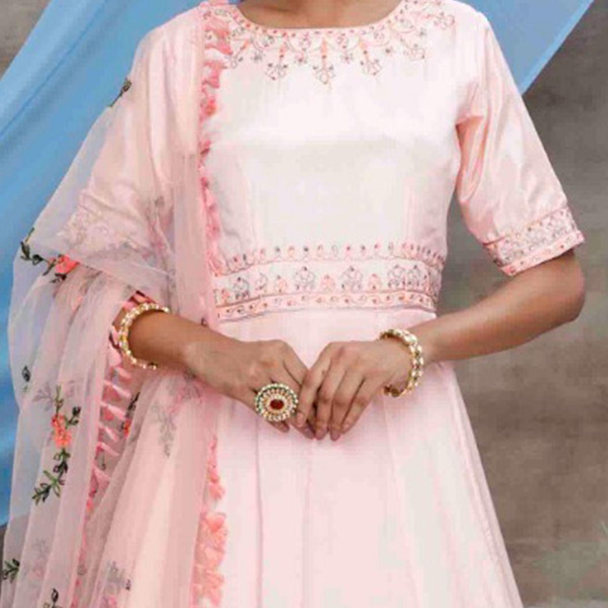Flirty Peach Colored Partywear Embroidered Georgette Anarkali Suit - Peachmode