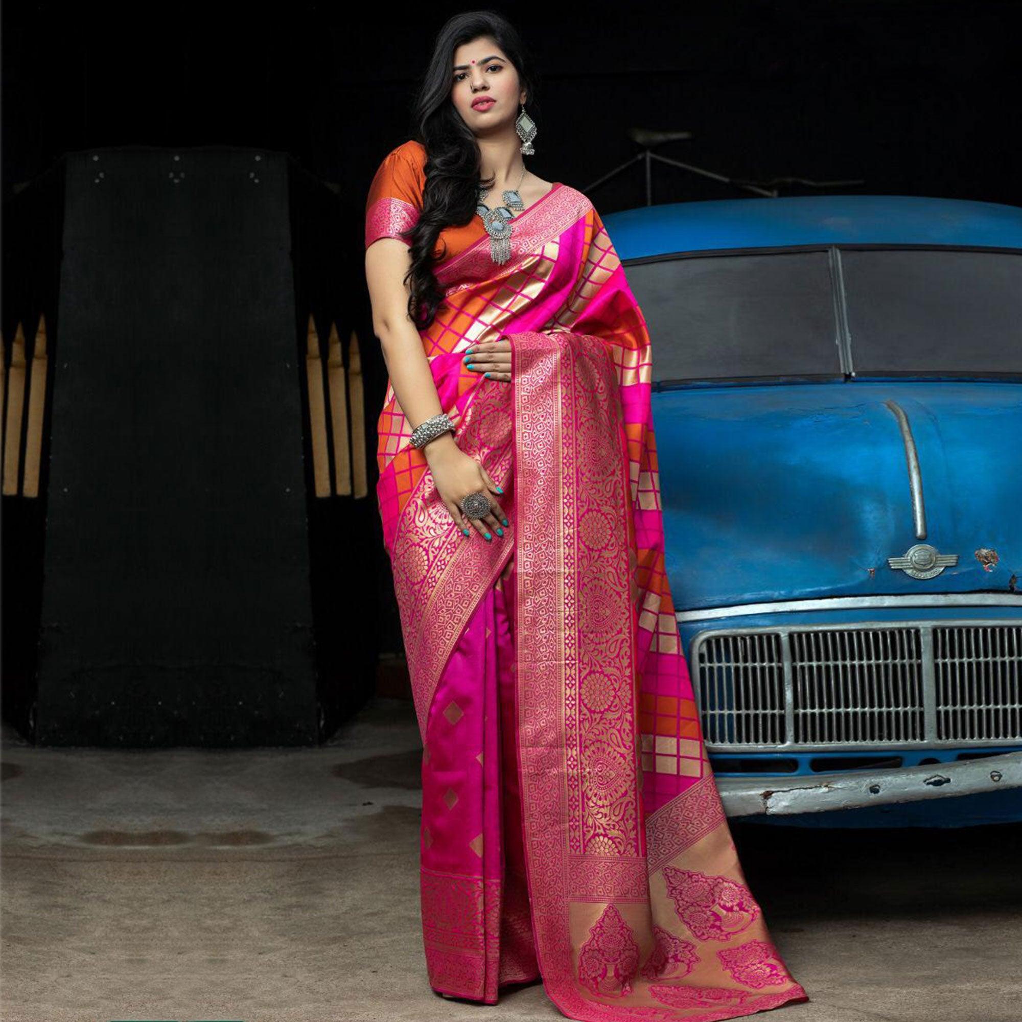 Flirty Pink Colored Festive Wear Woven Banarasi Silk Saree - Peachmode