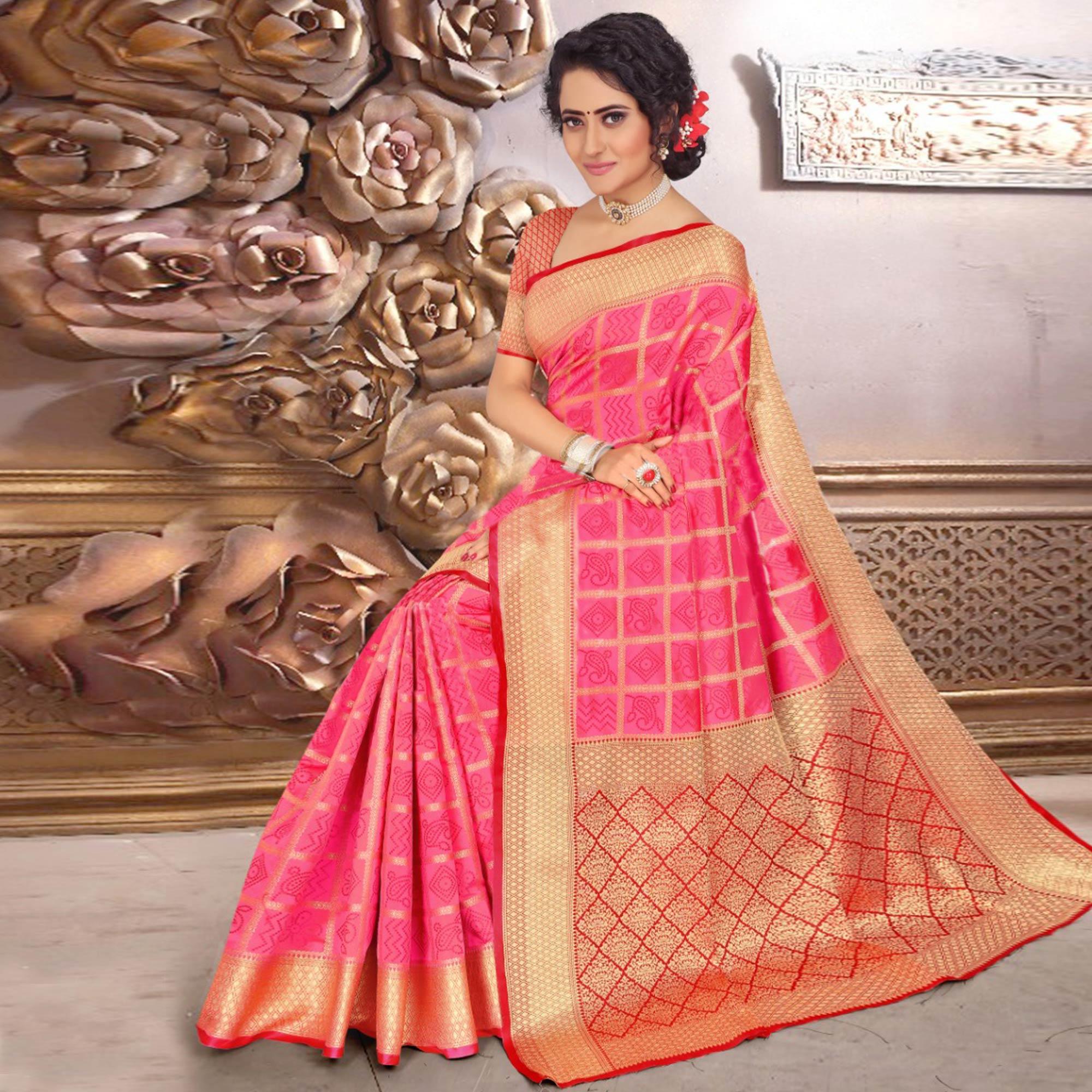 Flirty Pink Colored Festive Wear Woven Banarasi Silk Saree - Peachmode