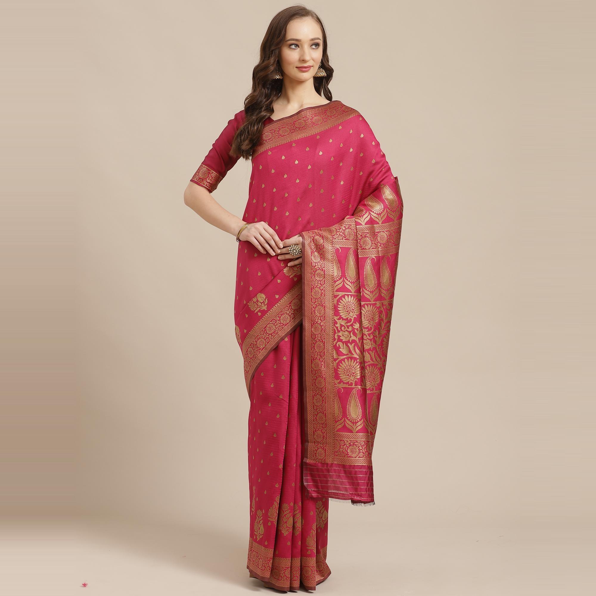 Flirty Pink Colored Festive Wear Woven Silk Blend Saree - Peachmode