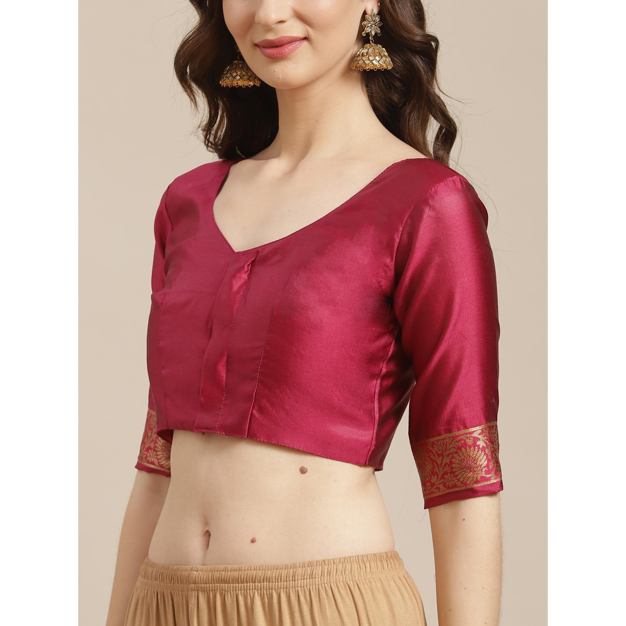 Flirty Pink Colored Festive Wear Woven Silk Blend Saree - Peachmode