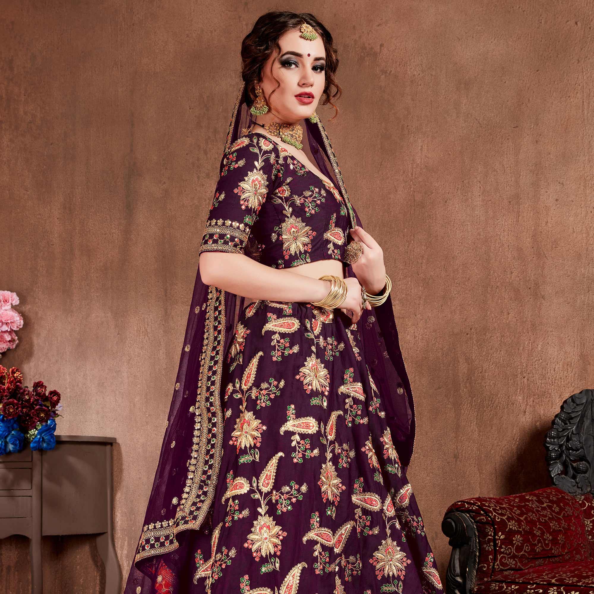 Flirty Purple Colored Partywear Embroidered Tapeta Silk Lehenga Choli - Peachmode