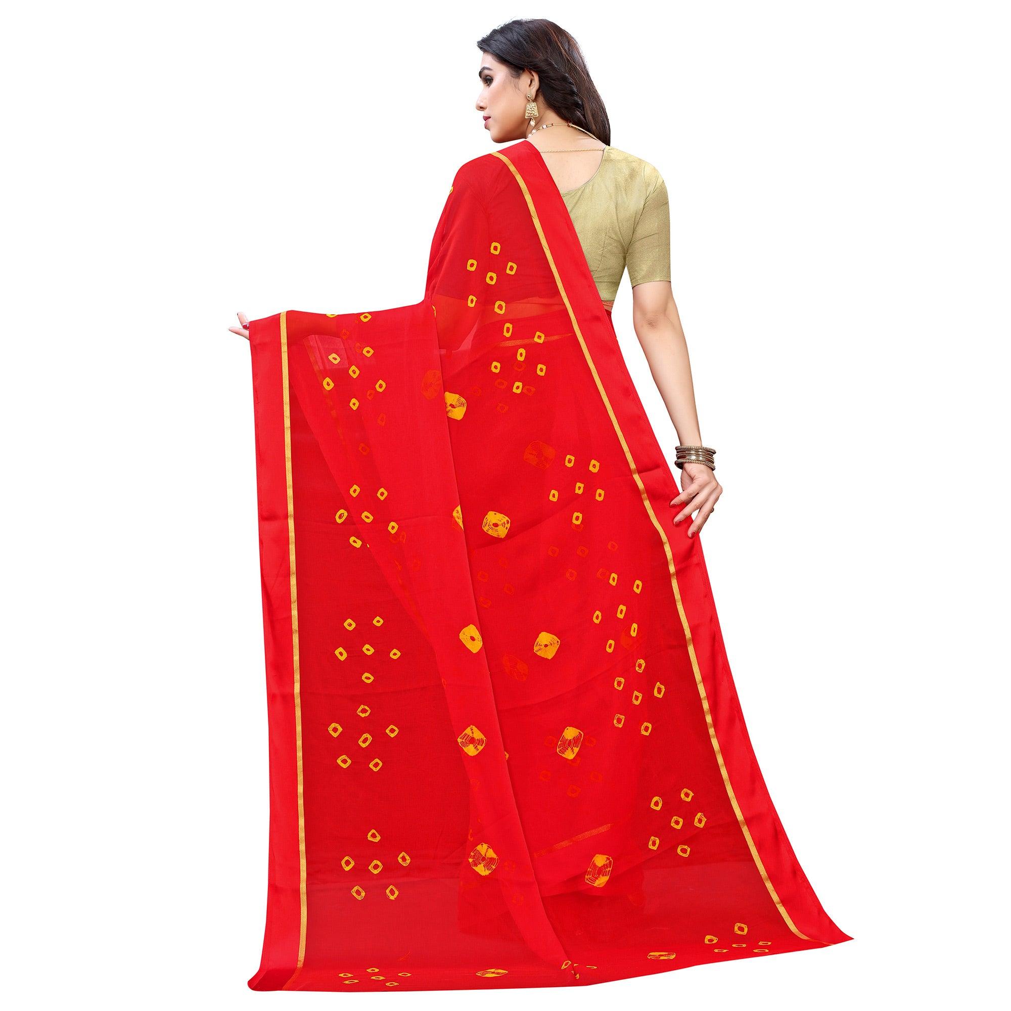 Flirty Red Colored Casual Wear Bandhani Printed Art Silk Saree - Peachmode