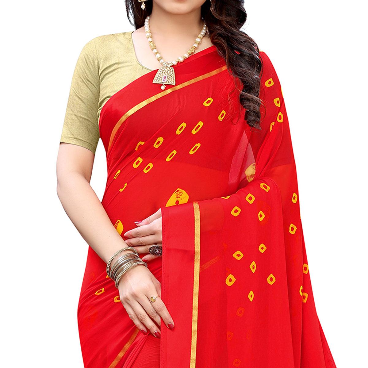 Flirty Red Colored Casual Wear Bandhani Printed Art Silk Saree - Peachmode