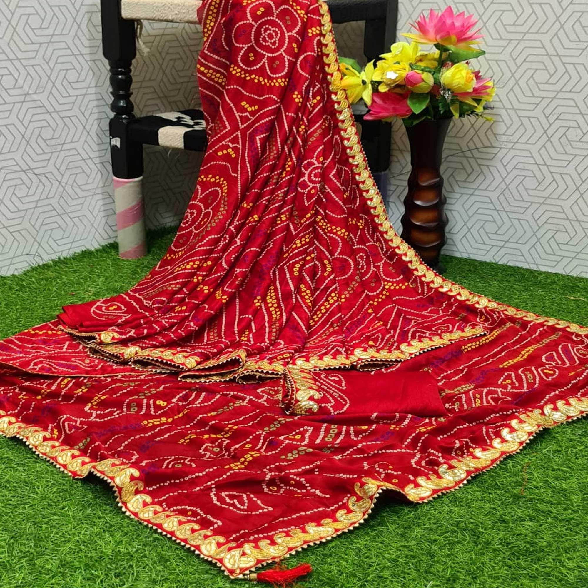 Flirty Red Colored Casual Wear Printed Moss Georgette Saree - Peachmode