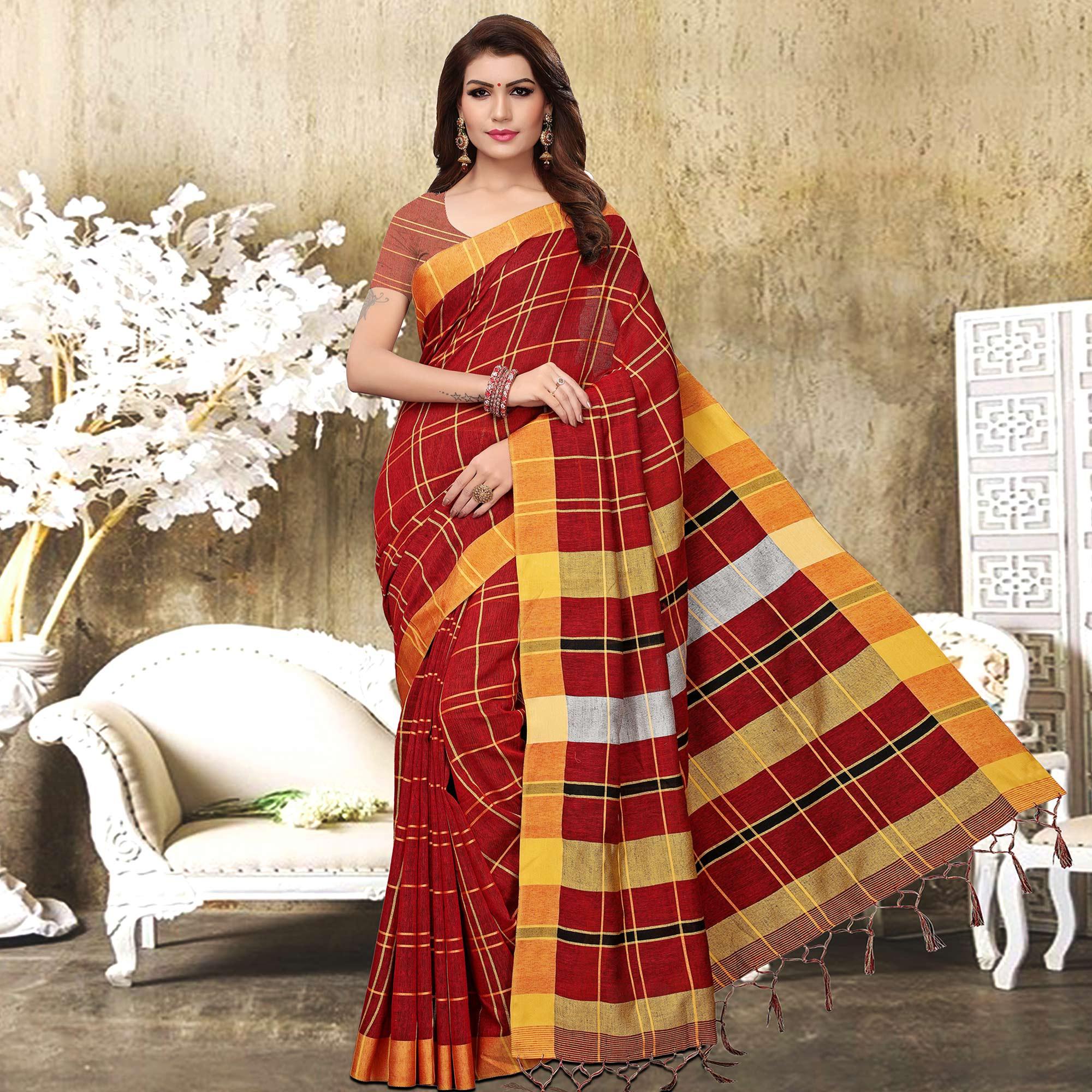 Flirty Red Colored Festive Wear Checks Print Pure Linen Saree - Peachmode