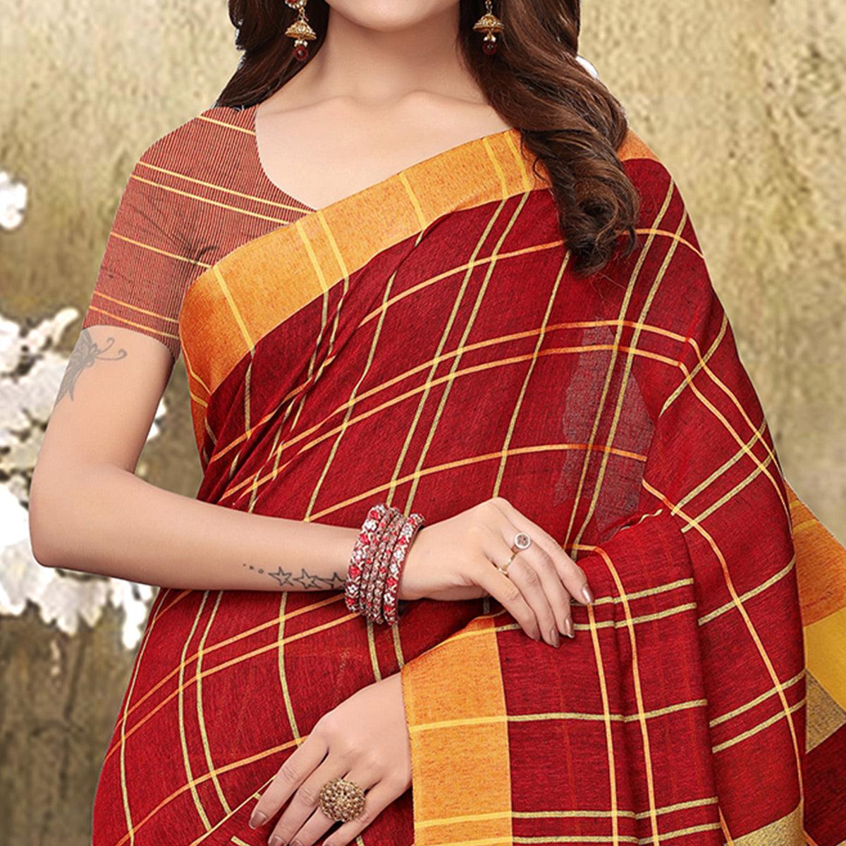 Flirty Red Colored Festive Wear Checks Print Pure Linen Saree - Peachmode