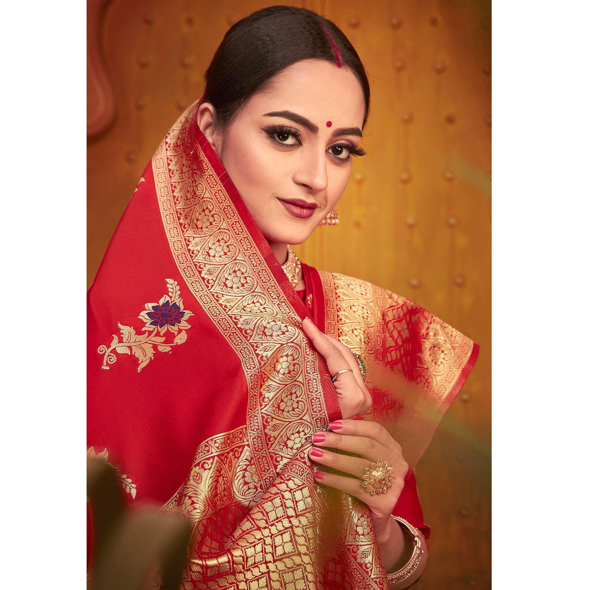 Flirty Red Colored Festive Wear Woven Designer Silk Saree - Peachmode