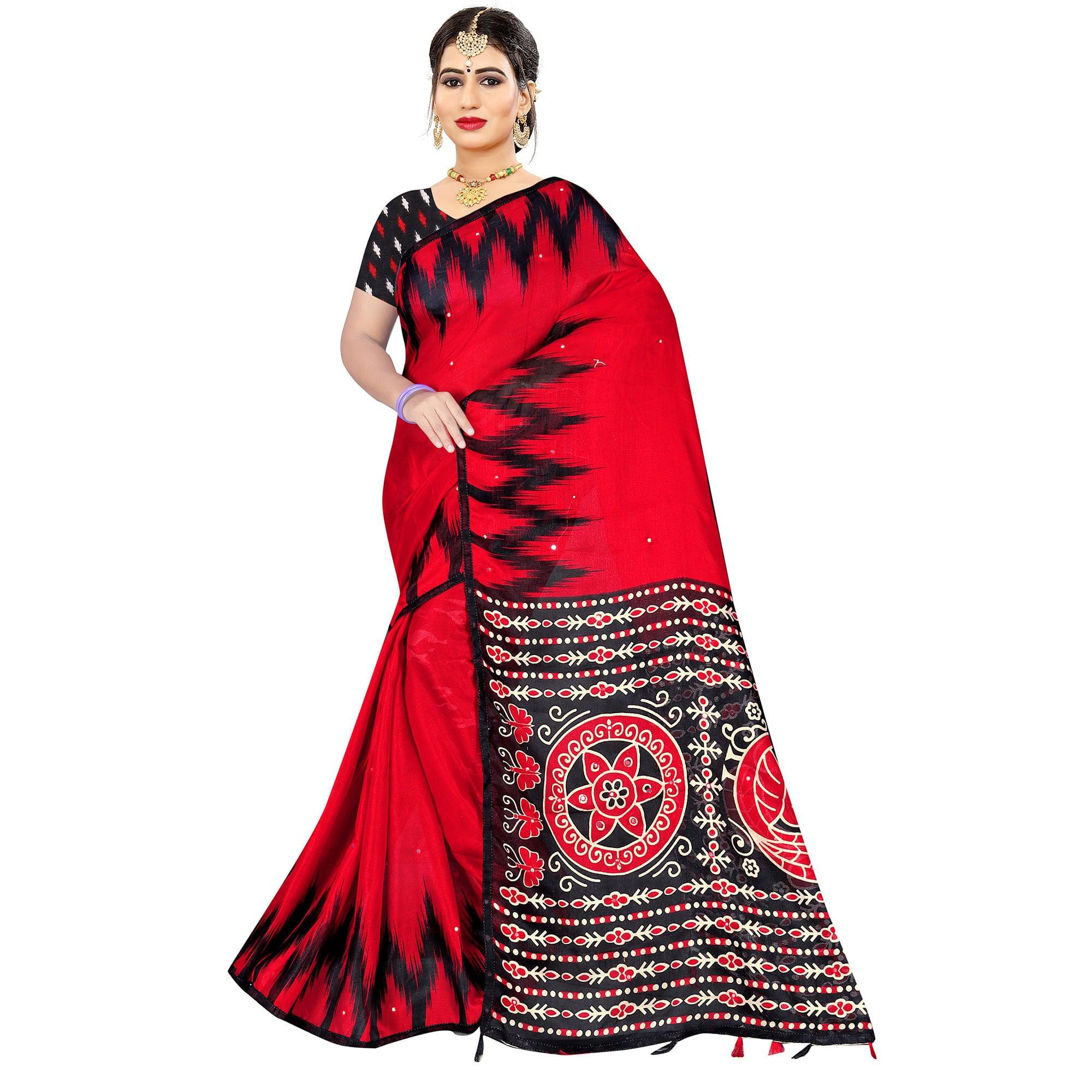 Flirty Red Coloured Casual Wear Printed Cotton Jute Saree - Peachmode