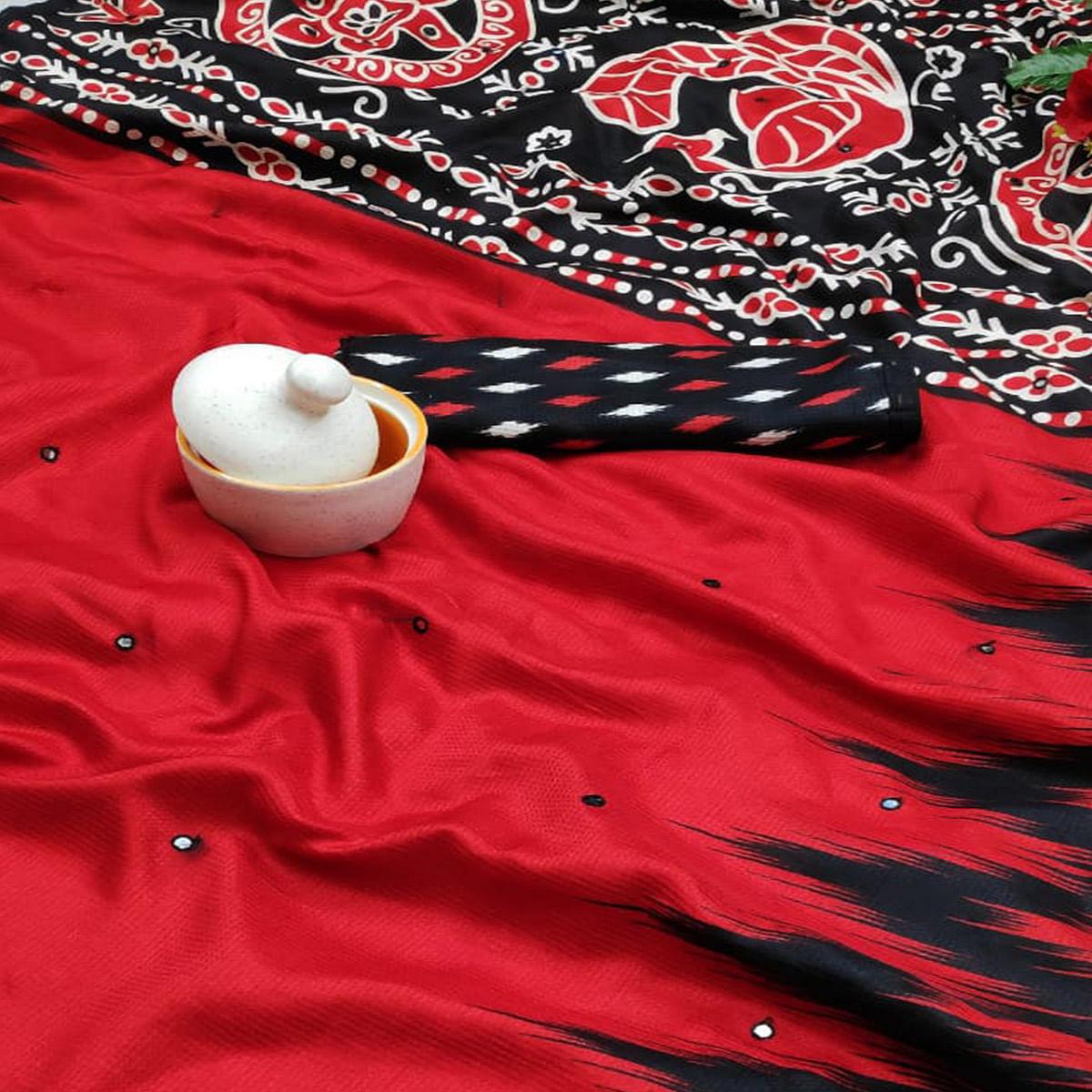 Flirty Red Coloured Casual Wear Printed Cotton Jute Saree - Peachmode