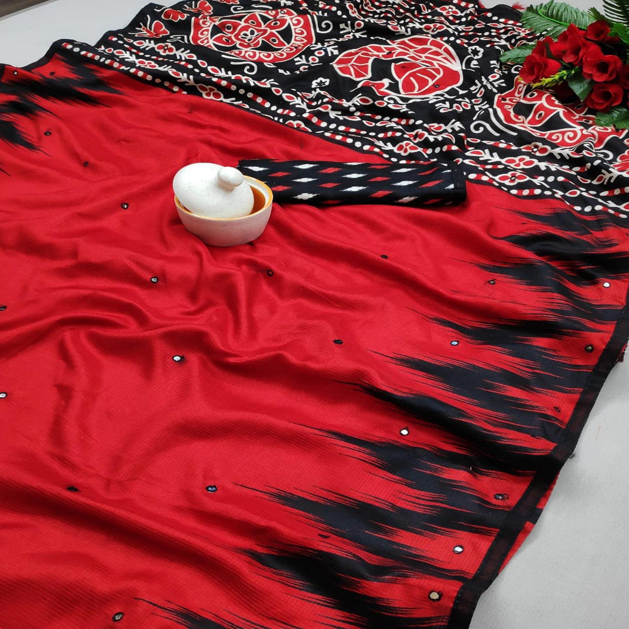 Flirty Red Coloured Casual Wear Printed Cotton Jute Saree - Peachmode