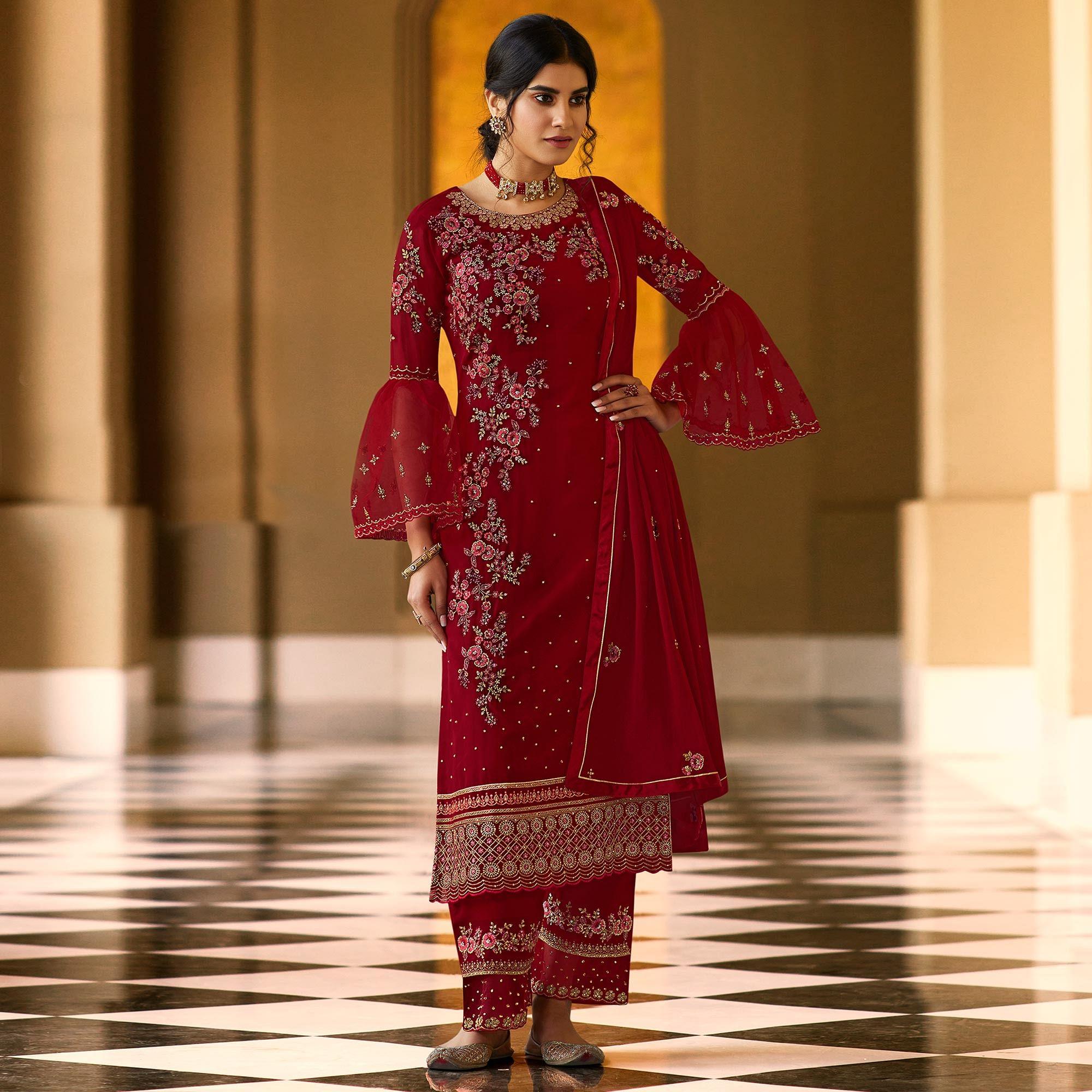 Flirty Red Coloured Partywear Embroidered Pure Georgette Palazzo Suit - Peachmode