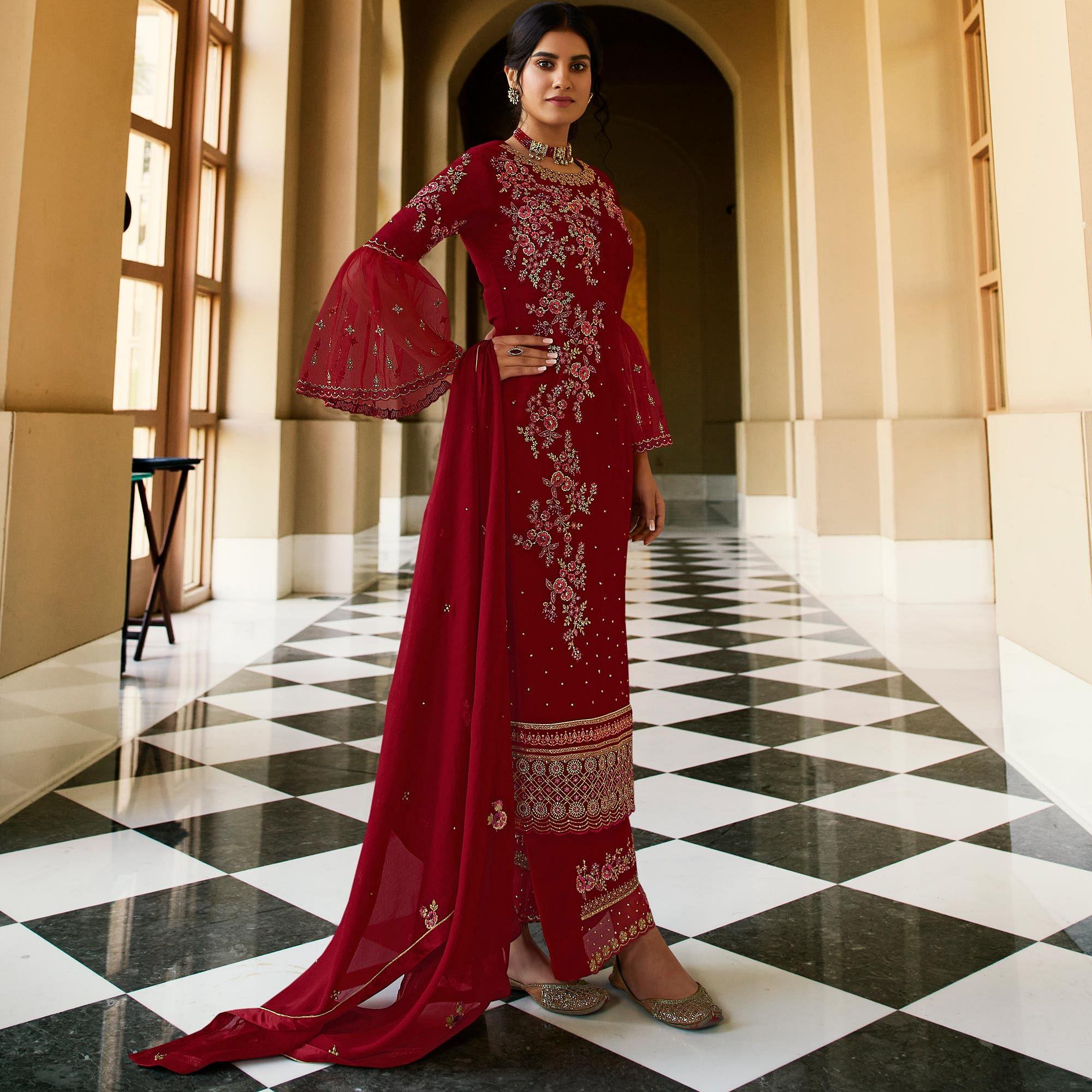 Flirty Red Coloured Partywear Embroidered Pure Georgette Palazzo Suit - Peachmode