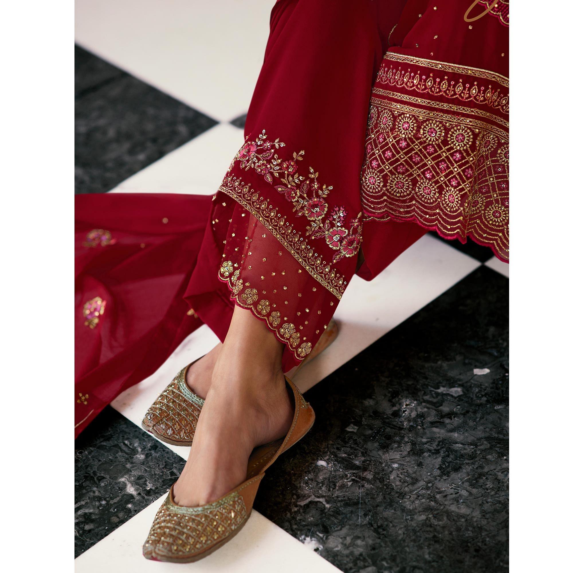 Flirty Red Coloured Partywear Embroidered Pure Georgette Palazzo Suit - Peachmode