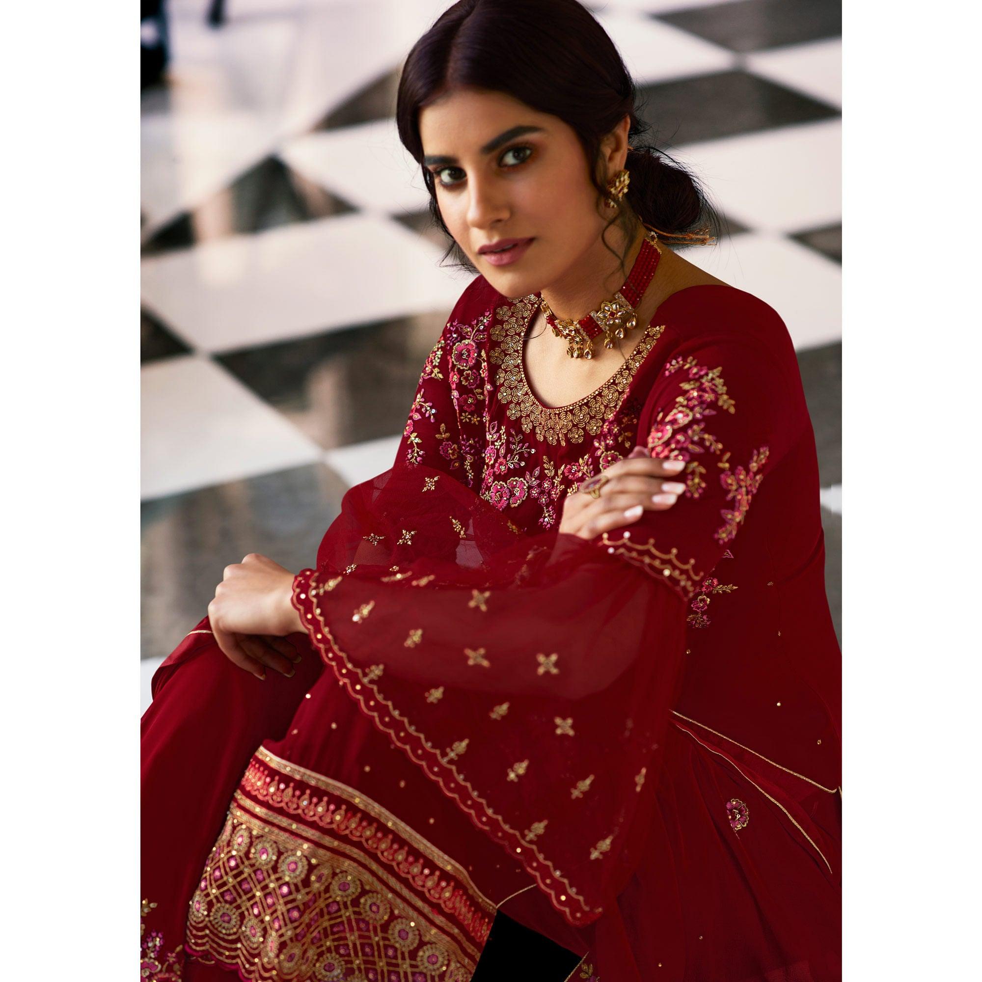 Flirty Red Coloured Partywear Embroidered Pure Georgette Palazzo Suit - Peachmode