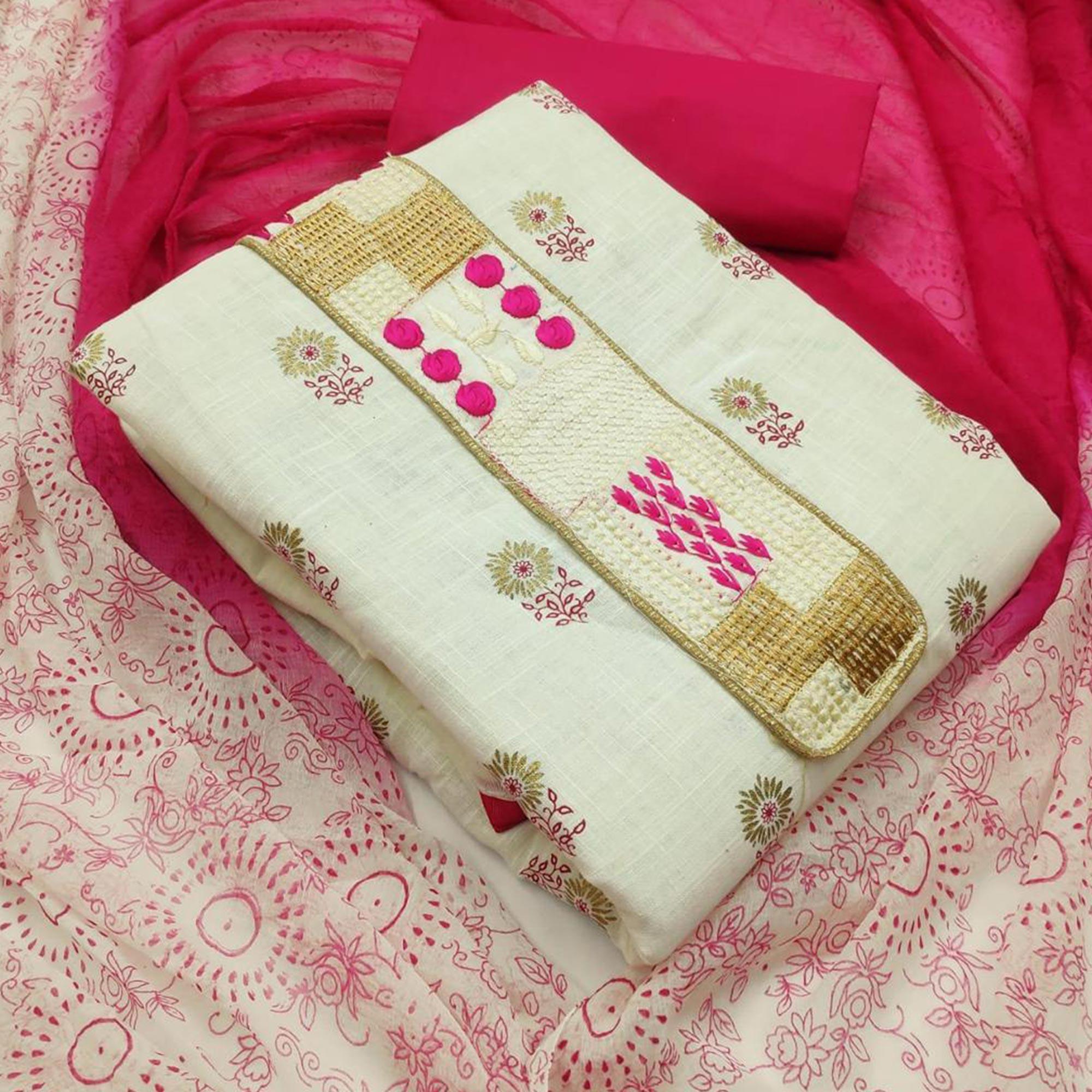 Flirty White - Pink Colored Casual Wear Embroidered Cotton Dress Material - Peachmode