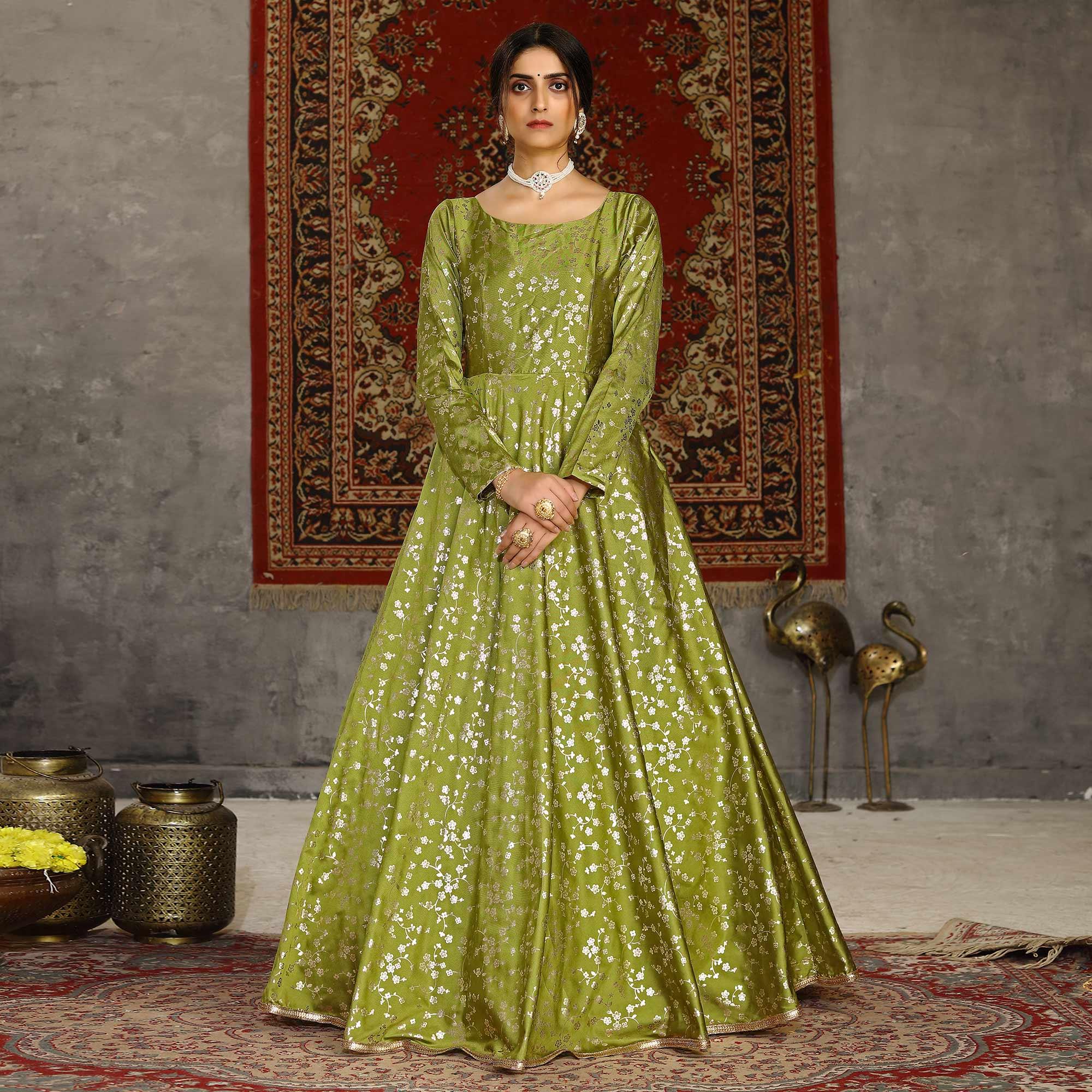 Fluorescent Green Party Wear Designer Metalic Foil Printed Work Taffeta Gown - Peachmode