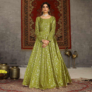 Fluorescent Green Party Wear Designer Metalic Foil Printed Work Taffeta Gown - Peachmode