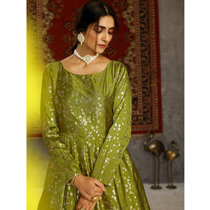 Fluorescent Green Party Wear Designer Metalic Foil Printed Work Taffeta Gown - Peachmode