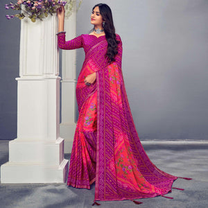 Fuchsia & Purple Bandhani Printed Chiffon Saree With Tassels - Peachmode