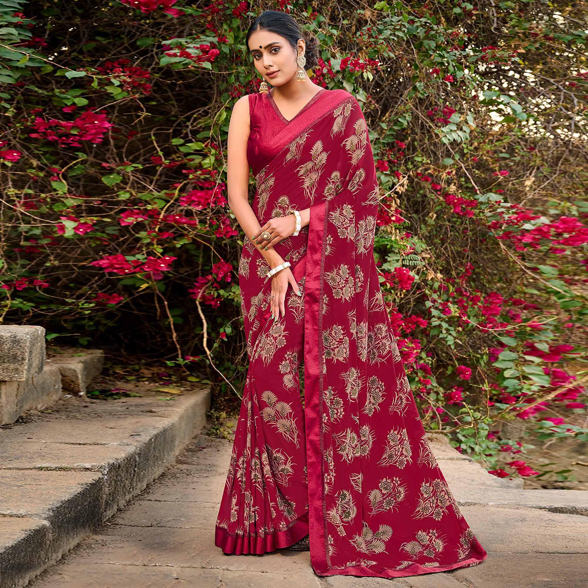 Fuchsia Foil Printed Georgette Saree - Peachmode