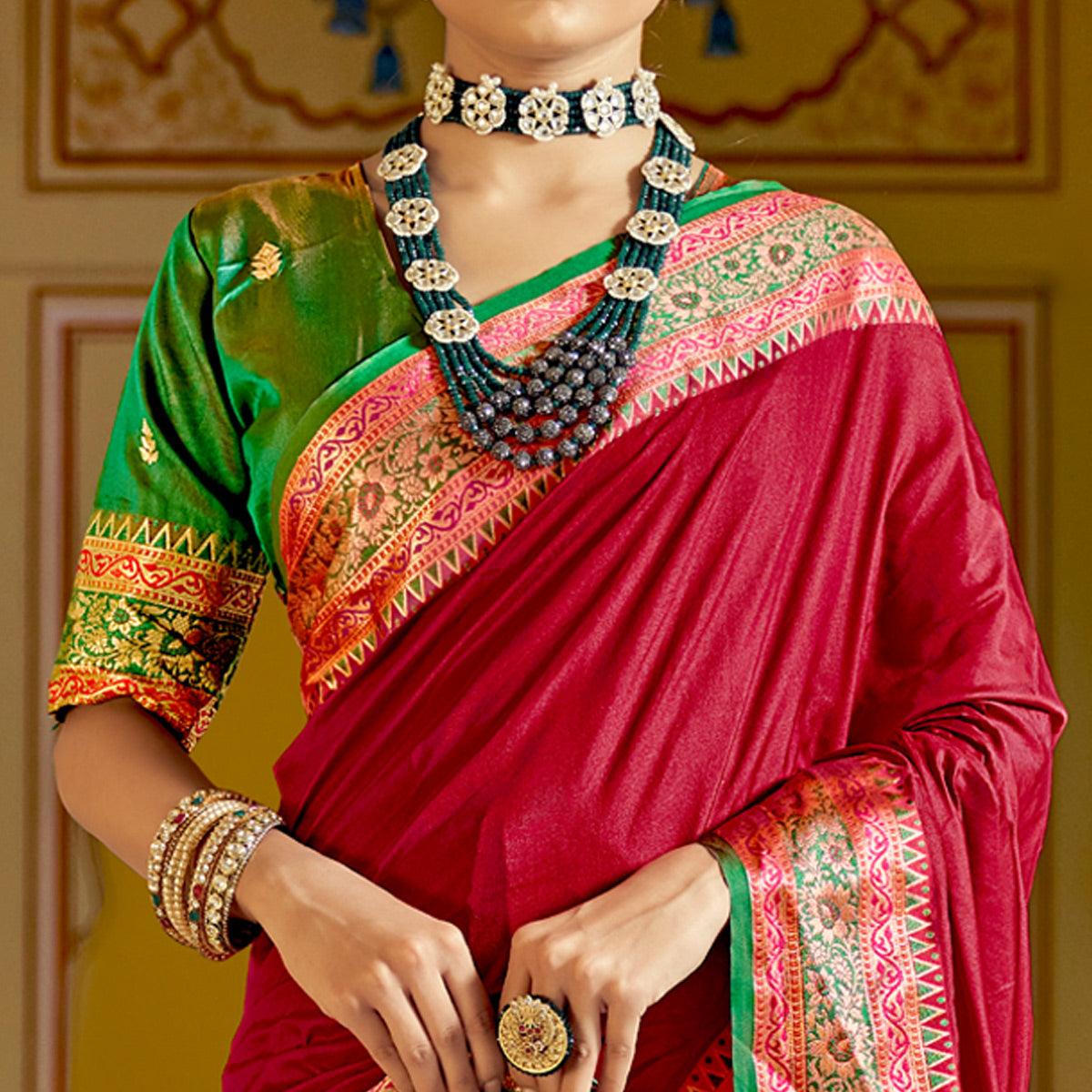 Fuchsia Pink Festive Wear Woven Banarasi Silk Saree - Peachmode