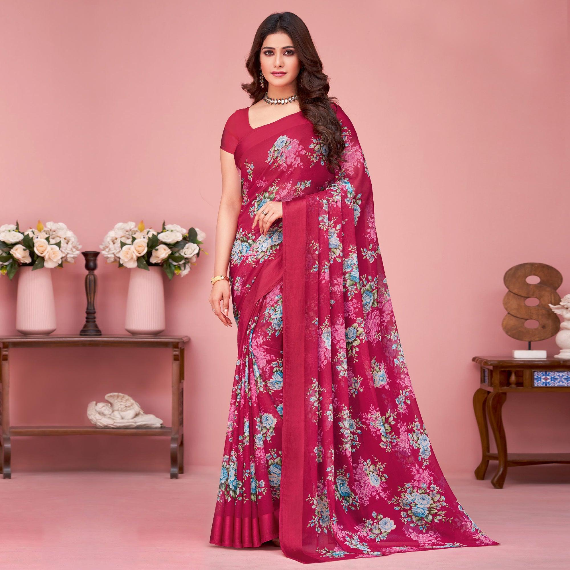 Fuchsia Pink Floral Printed Chiffon Saree - Peachmode