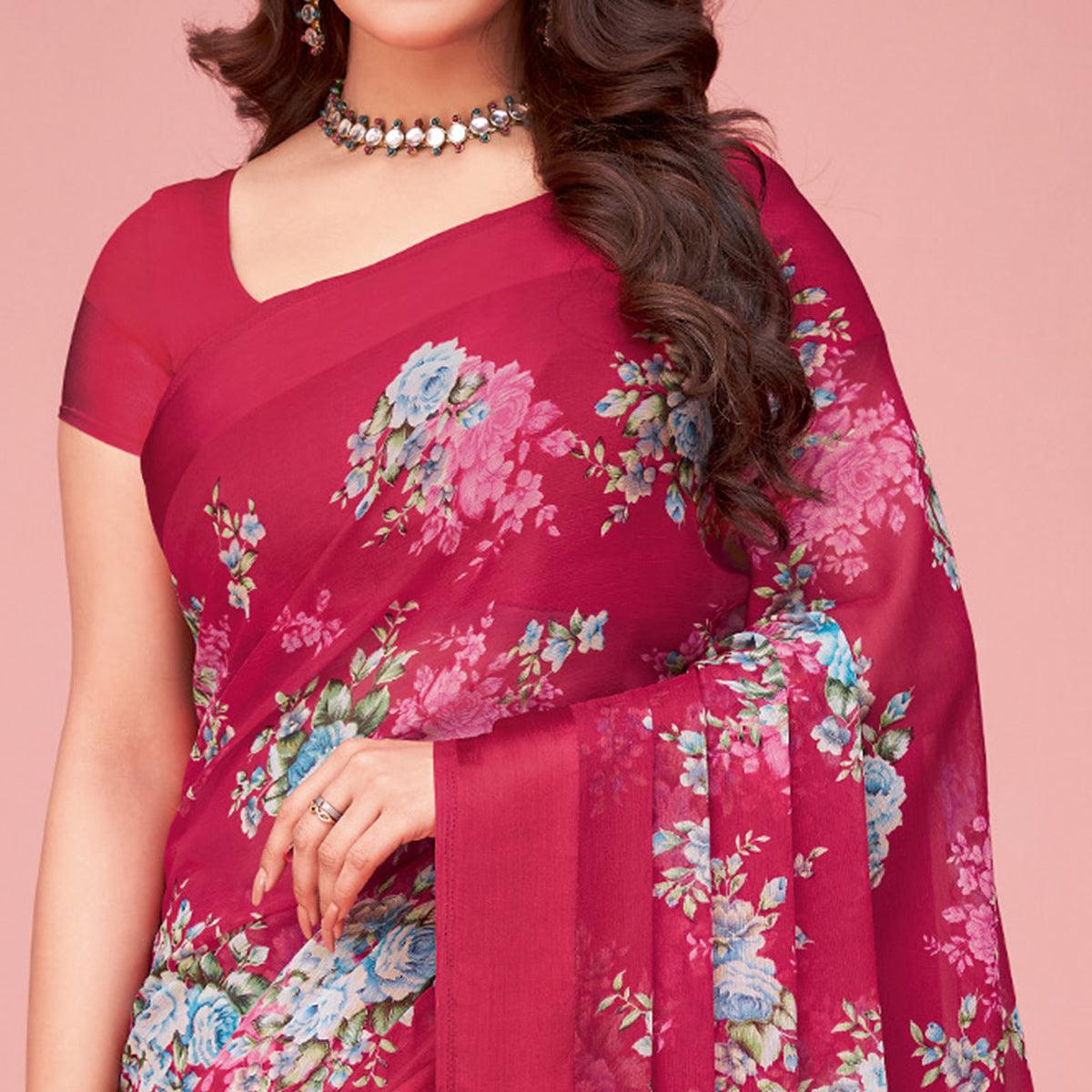 Fuchsia Pink Floral Printed Chiffon Saree - Peachmode