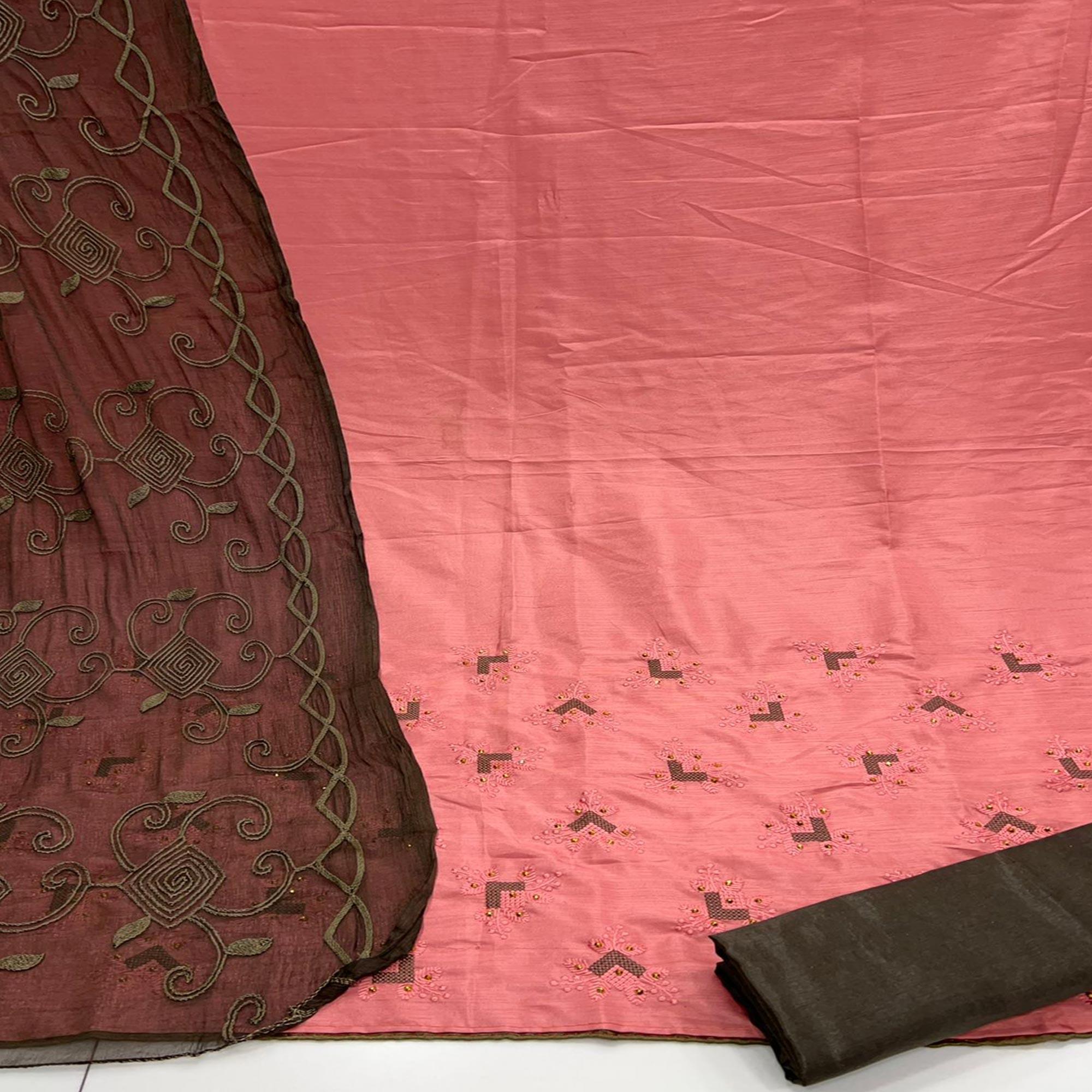 Gajari Pink Casual Wear Embroidered Zora Silk Dress Material - Peachmode