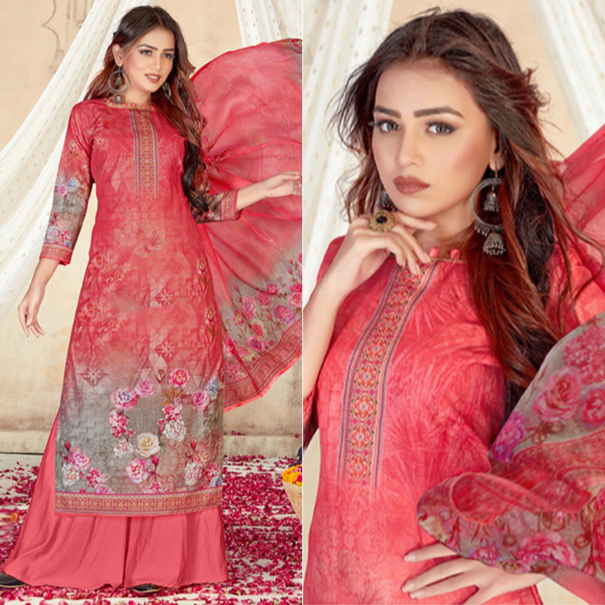 Gajari Pink Casual Wear Floral Printed Cotton Dress Material - Peachmode