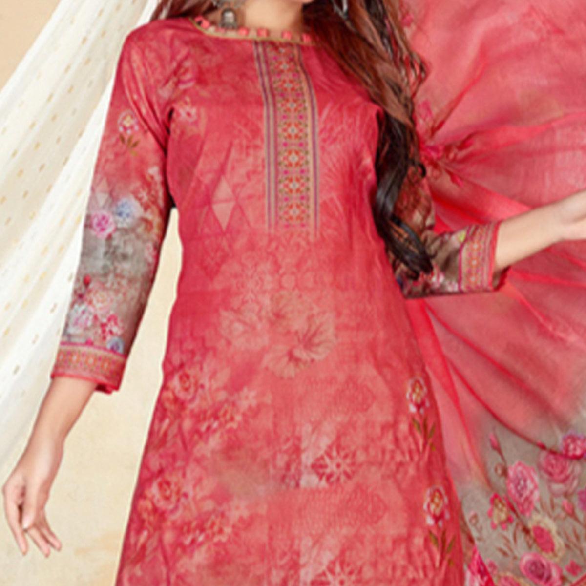 Gajari Pink Casual Wear Floral Printed Cotton Dress Material - Peachmode