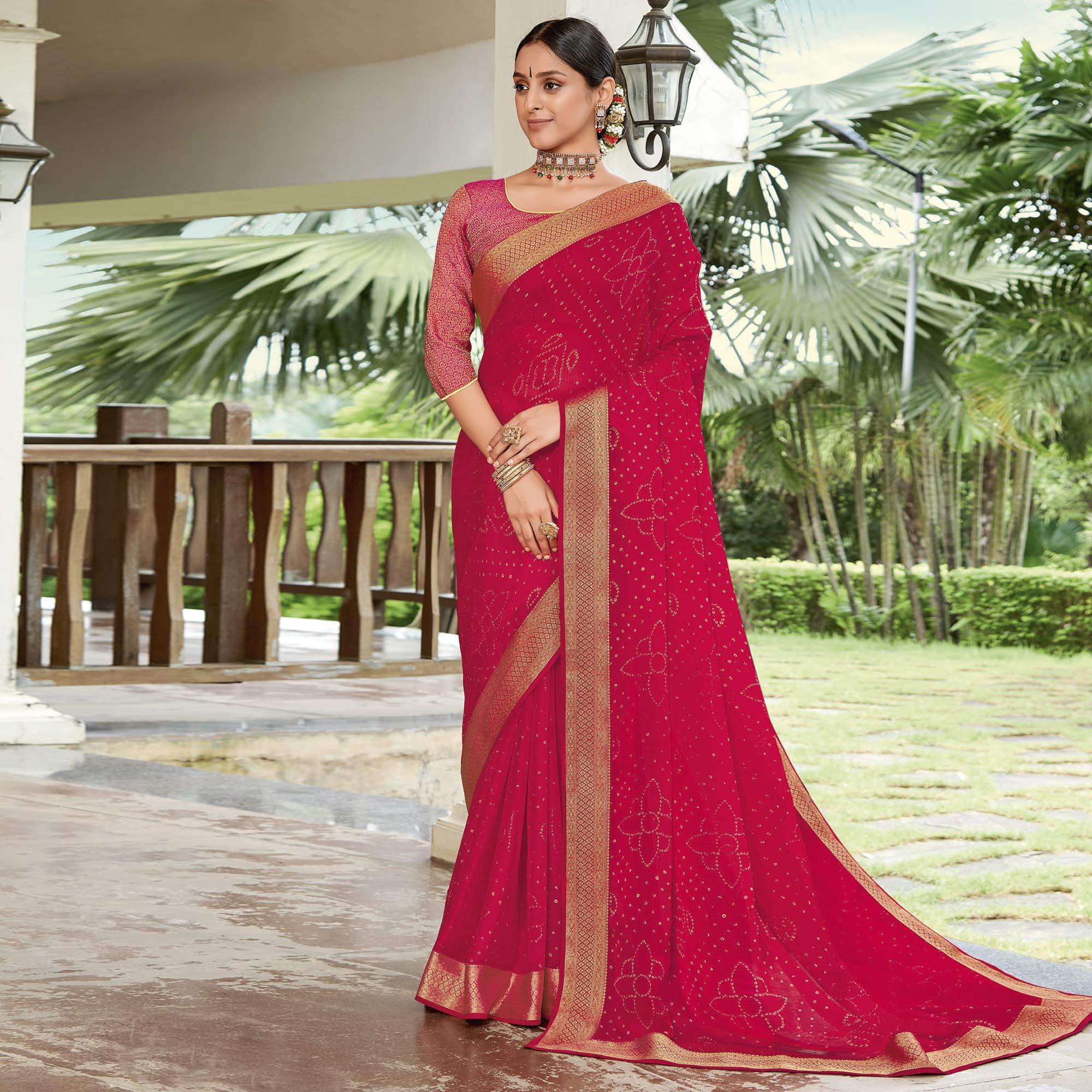 Gajari Pink Casual Wear Printed Chiffon Saree - Peachmode