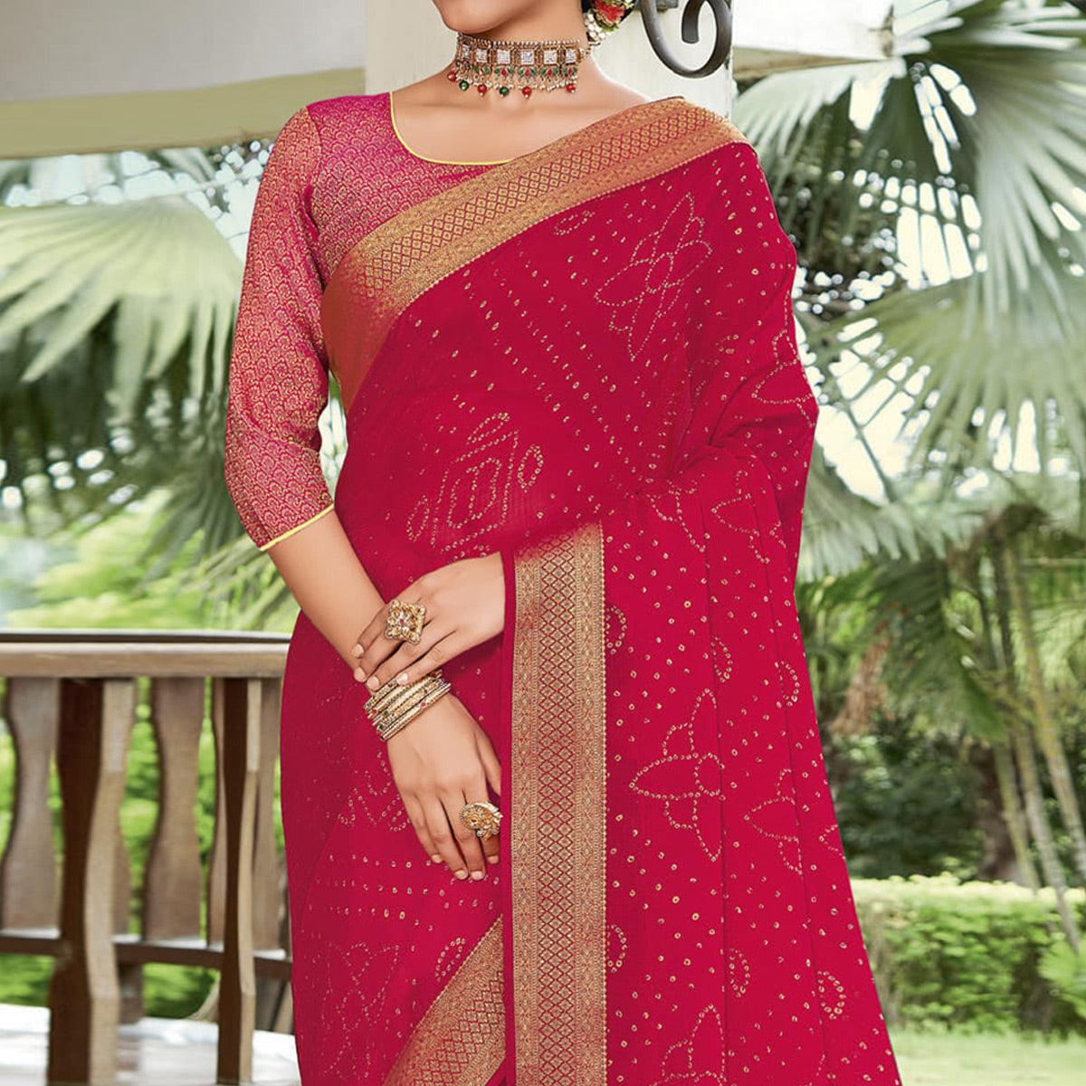 Gajari Pink Casual Wear Printed Chiffon Saree - Peachmode