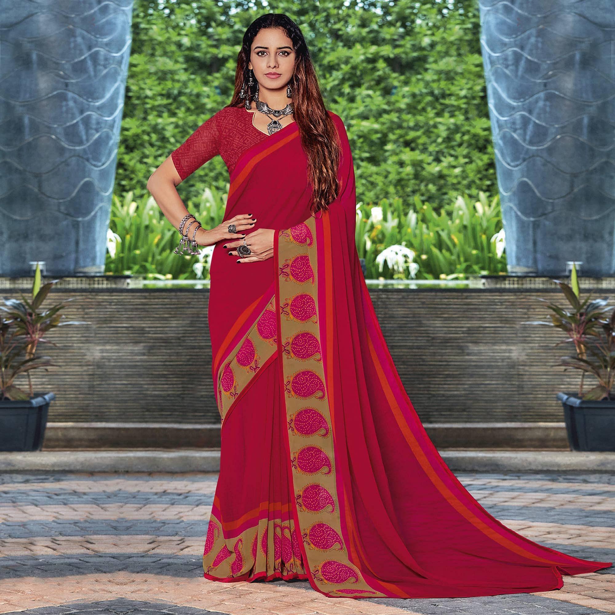 Gajari Pink Casual Wear Printed Georgette Saree - Peachmode