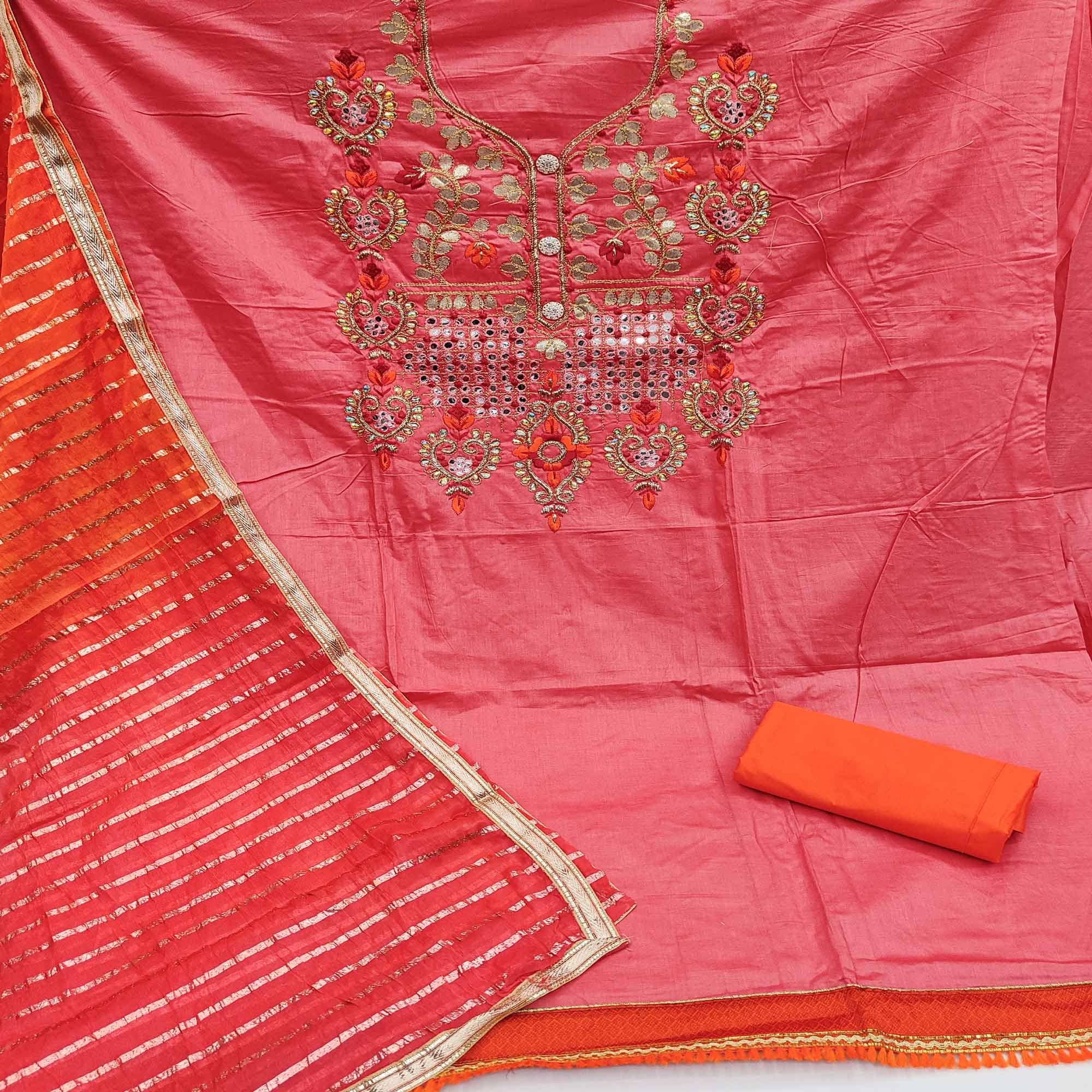 Gajari Pink Festive Wear Gotta Plus Handwork Cotton Dress Material - Peachmode