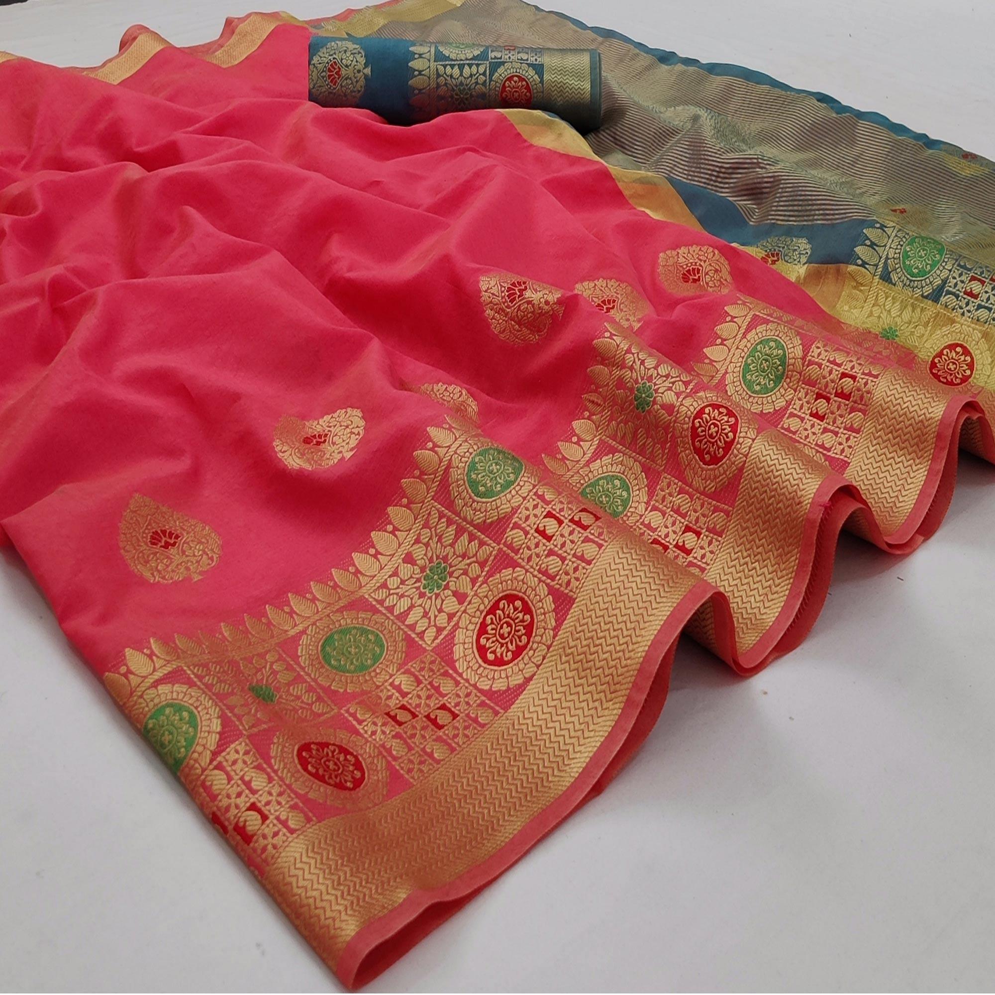 Gajari Pink Festive Wear Woven Banarasi Saree With Butta And Jacquard Border - Peachmode