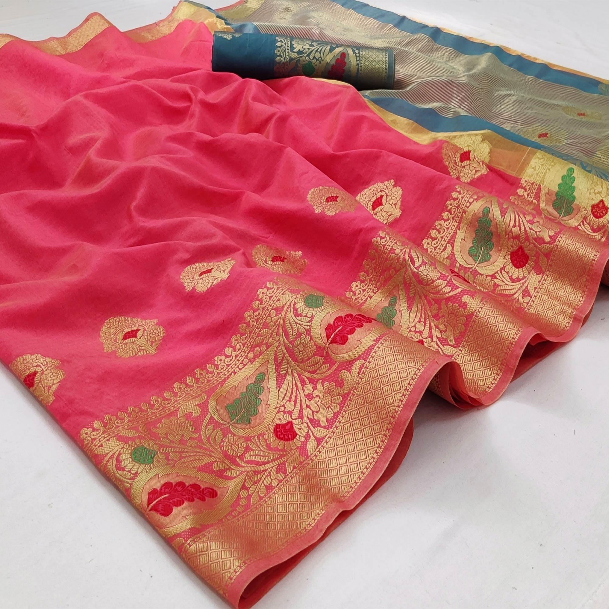 Gajari Pink Festive Wear Woven Banarasi Saree With Butta And Jacquard Border - Peachmode