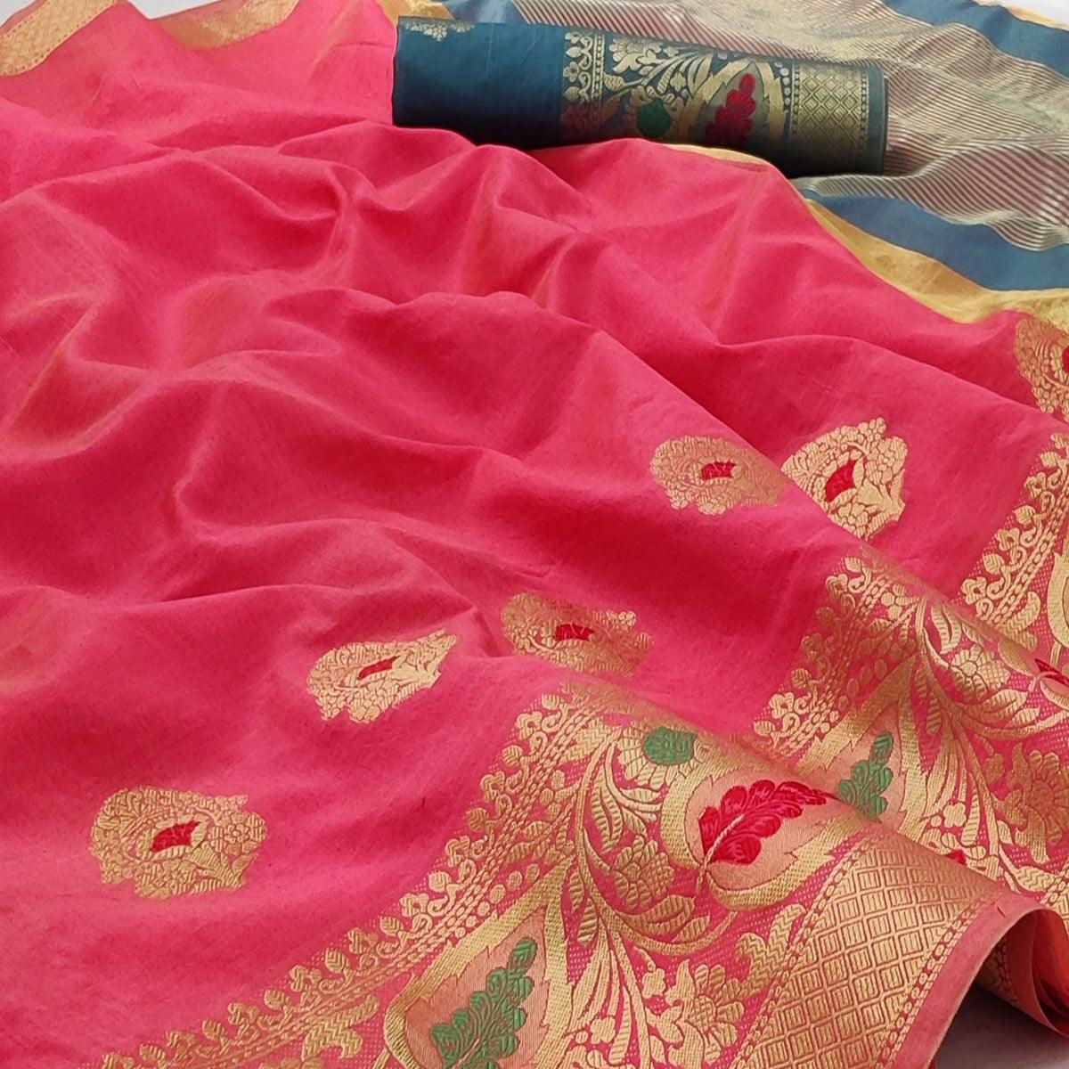 Gajari Pink Festive Wear Woven Banarasi Saree With Butta And Jacquard Border - Peachmode