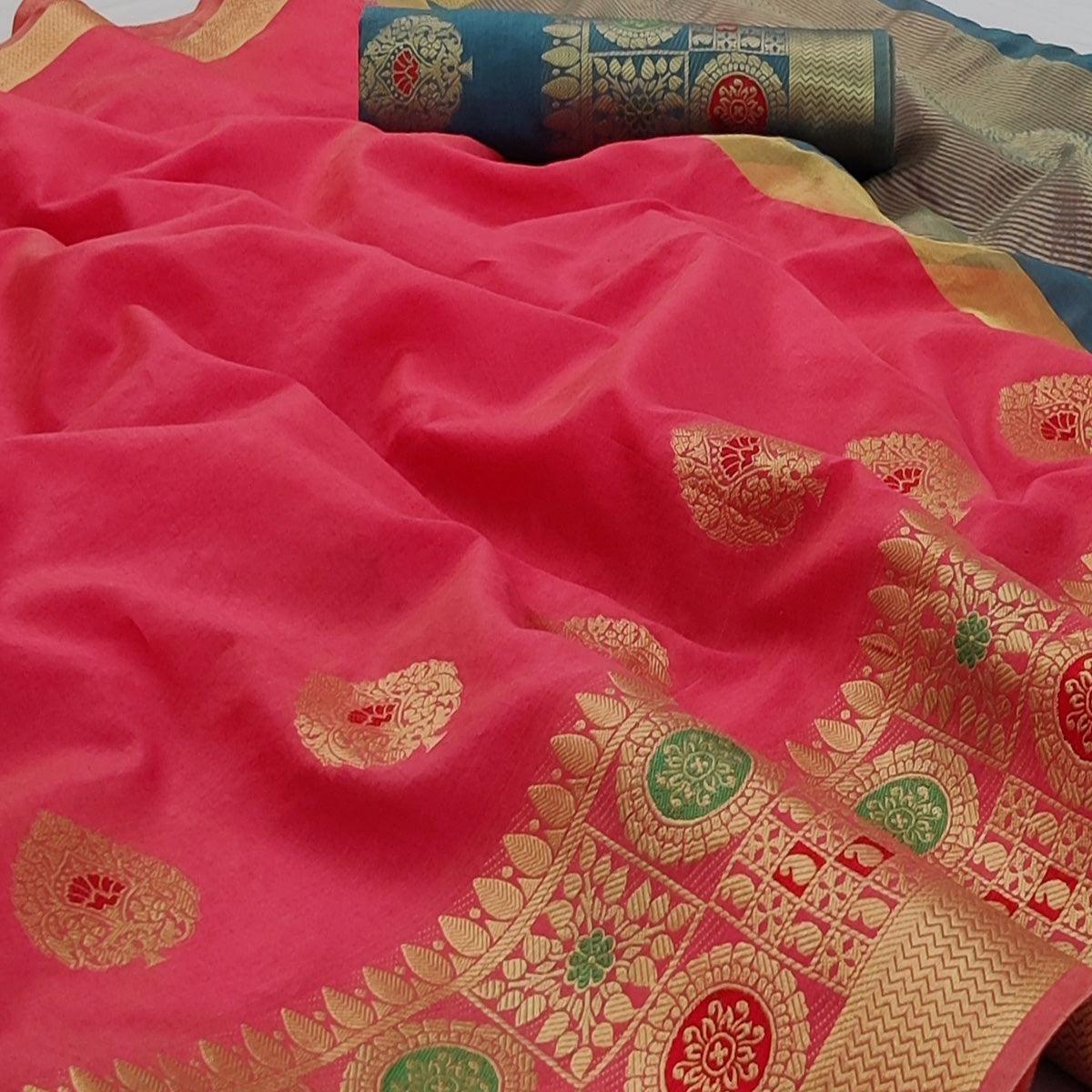 Gajari Pink Festive Wear Woven Banarasi Saree With Butta And Jacquard Border - Peachmode